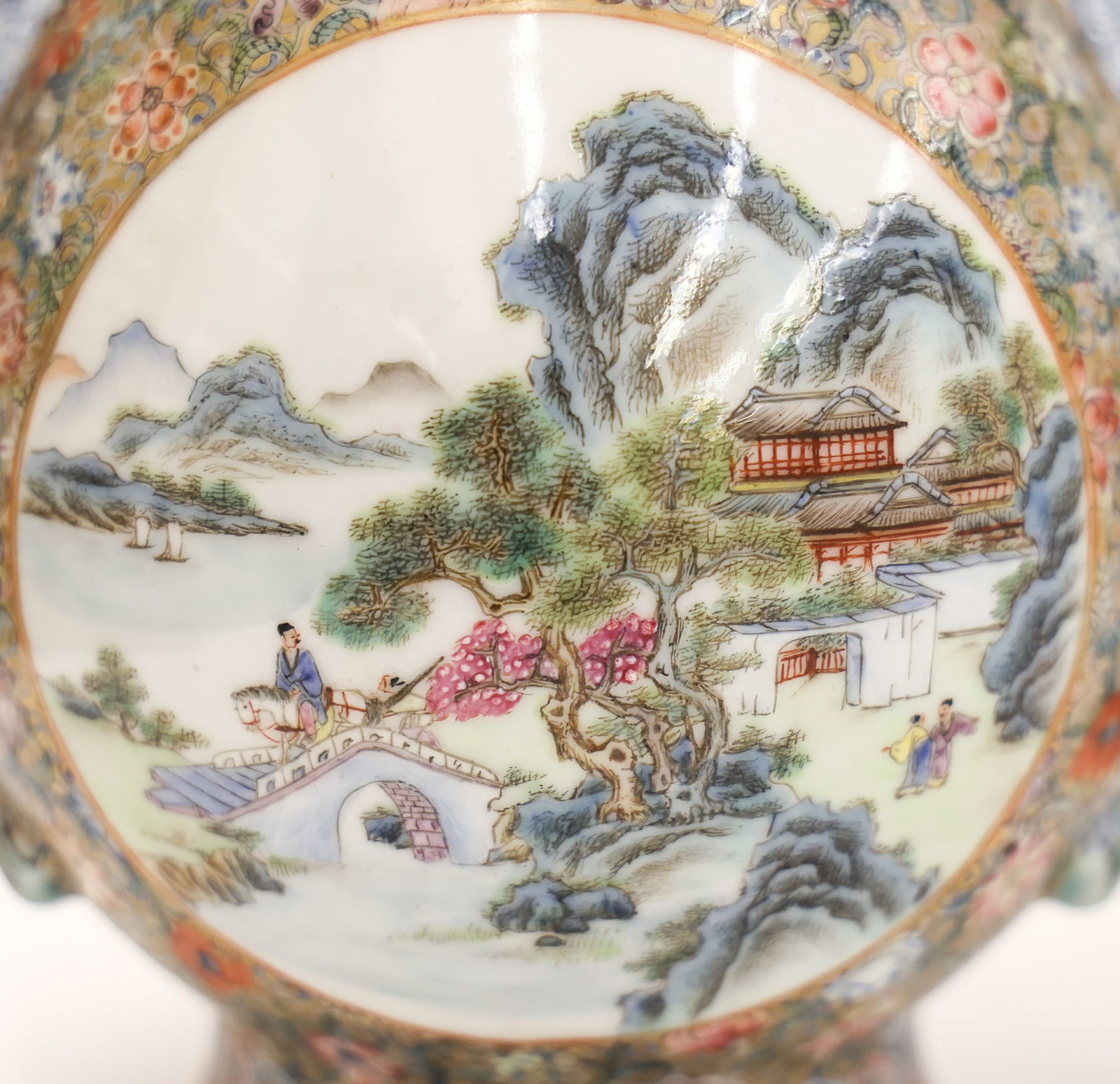 Pair Fine Chinese Millefleur Porcelain Landscape Vases - 6