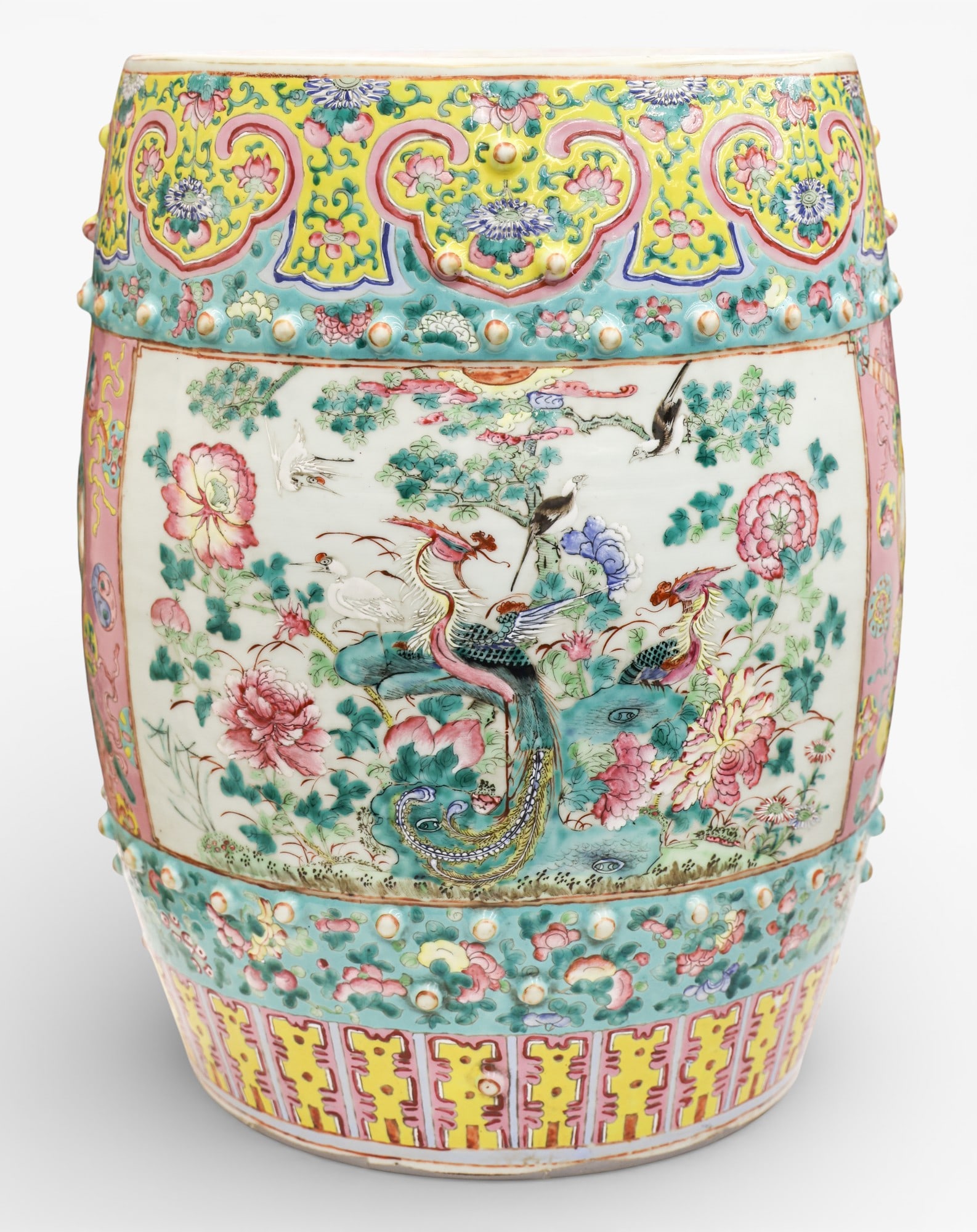 Antique Chinese Famille Rose Porcelain Garden Stool: Antique Chinese Famille Rose Porcelain Garden Stool 18"x15". Polychrome enameled with phoenix and pheasant motifs among blossoming flowers. Also crab and shrimp medallions on top. Unmarked. It has one
