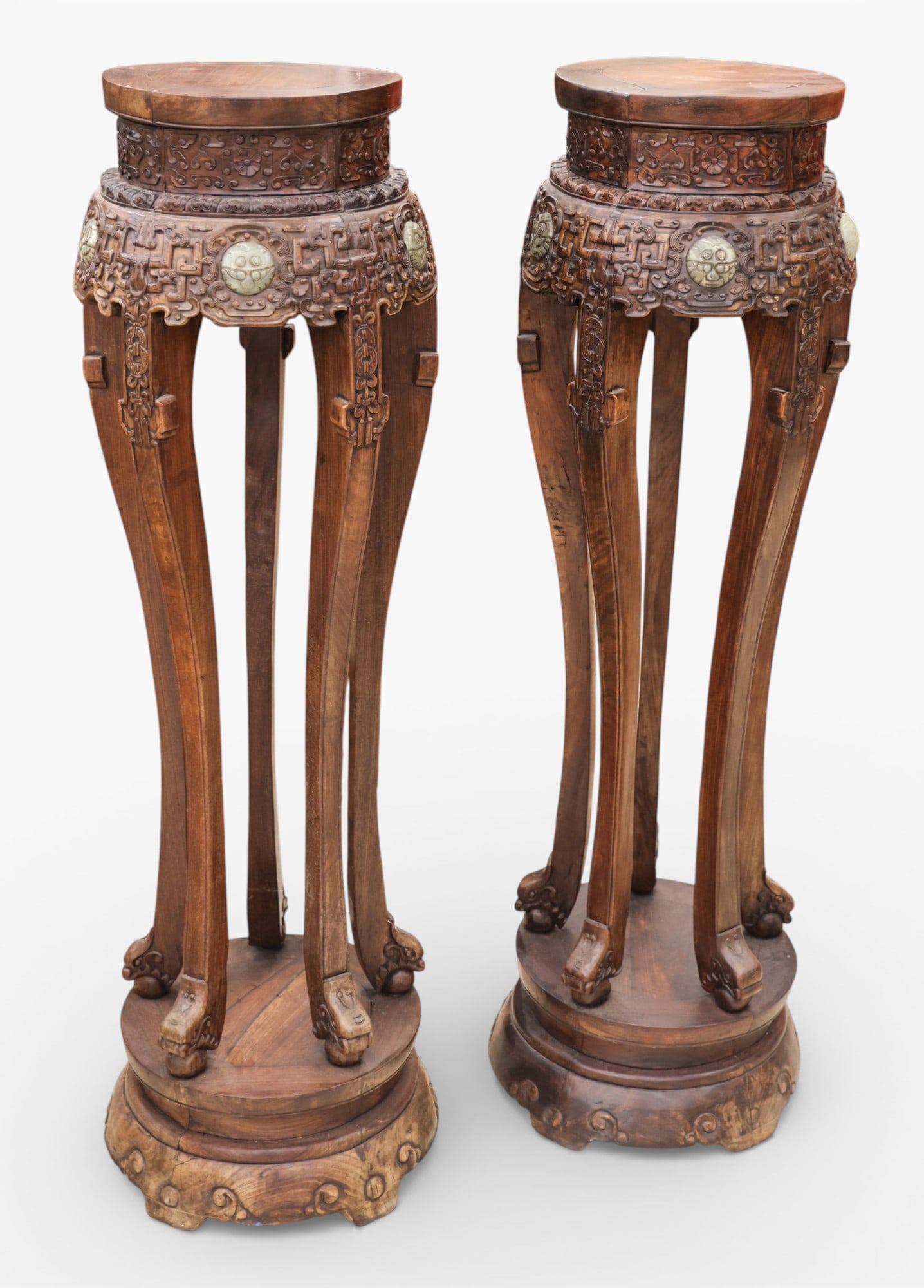 Pair Antique Chinese Carved Rosewood Jade Inset Plant Stands (1 of 4)