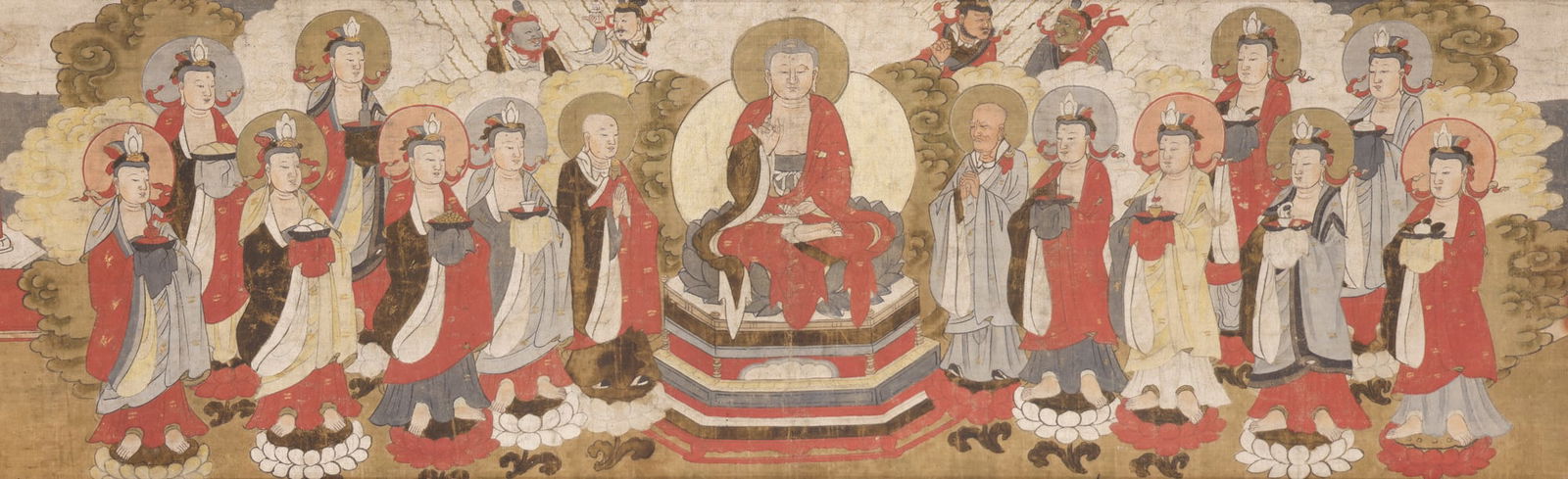 Antique Japanese or Korean Buddhist Painting on Cloth: Antique Japanese or Korean Buddhist Painting on Cloth 13"x91" Image. Depicting a central seated buddha with various deities and scholars. Vintage Kato framing 19"x99". Overall excellent condition for