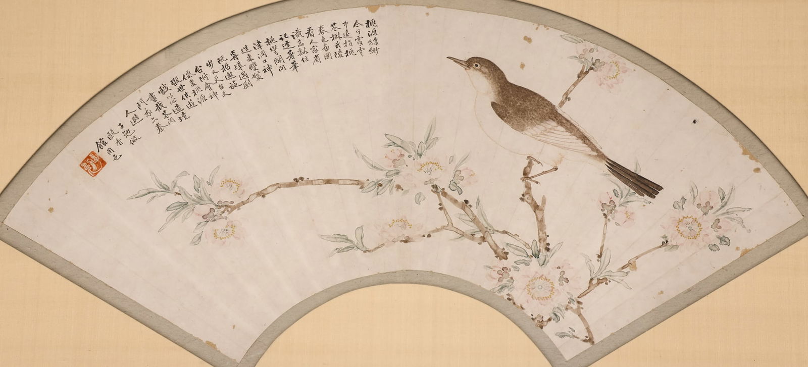 Chongguang Zhang Bird on Flowering Branch Fan Painting: Chongguang Zhang (1860-1918 Chinese) Bird on Flowering Branch Fan Painting 9.5"x21.25" Image. Watercolor on paper of a brown bird on flowering branch. Signed with red artist chop and calligraphy inscr