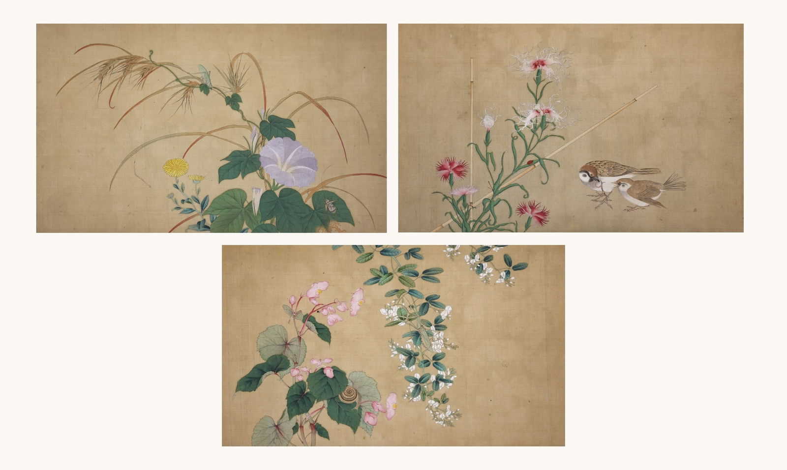 3pc Fine Antique Japanese Album Paintings of Flowers: 3pc Fine Antique Japanese Album Paintings of Flowers 9.5"x15.75" Images. Watercolor on silk images of blossoming flowers, insects, and birds. Unsigned. Gilt gallery framing 21"x27". Excellent conditio