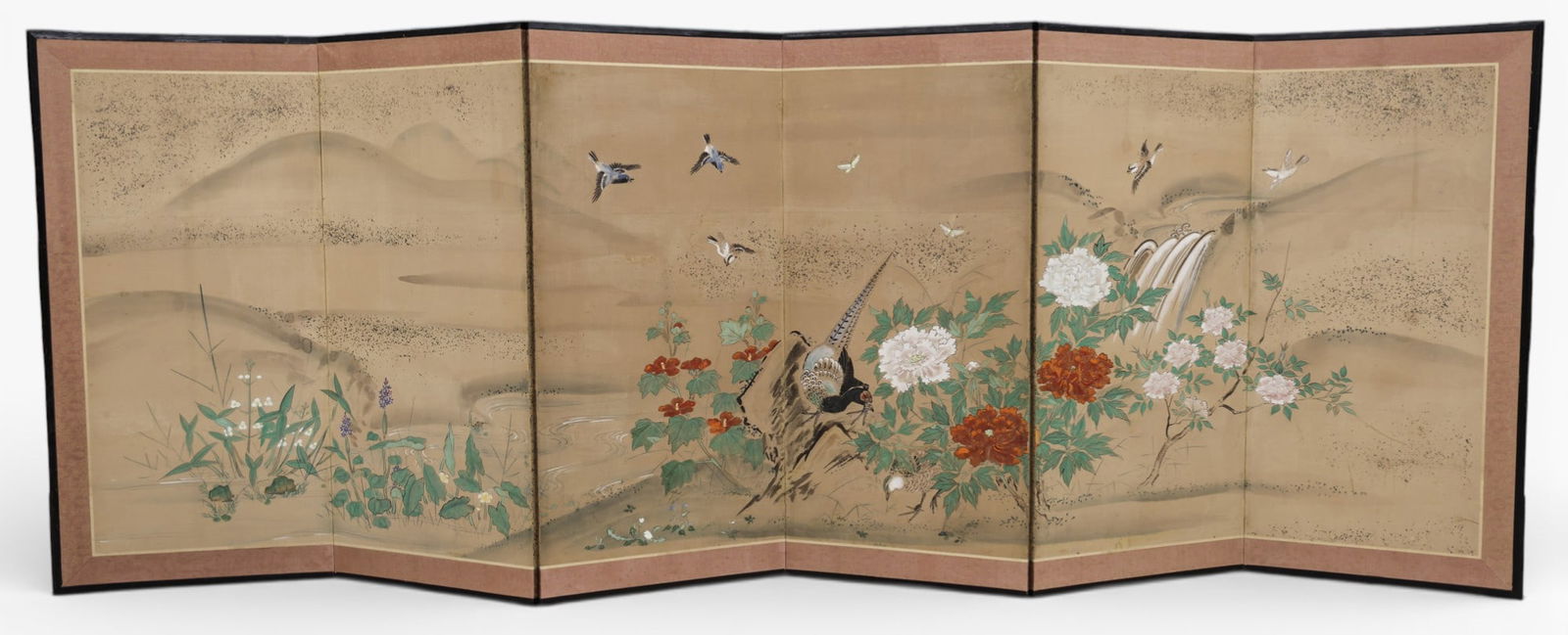 Antique Japanese Pheasant and Birds Six-Panel Painted Screen (1 of 2)