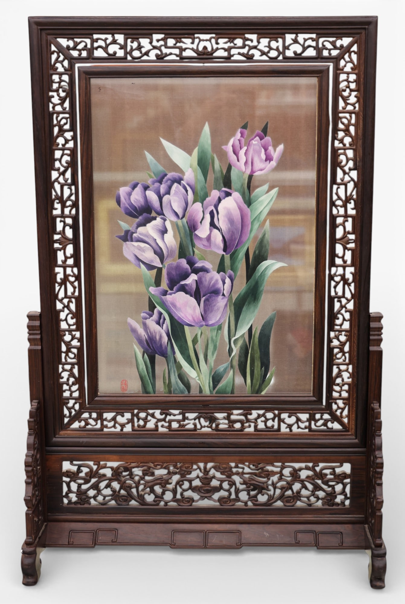 Fine Chinese Floral Silk Rotating Rosewood Table Screen: Fine Chinese Floral Silk Rotating Rosewood Table Screen 34"x22"x9". Purple silk embroidered tulips with artist red seal. Finely carved rosewood mounting. Excellent condition. 20th century.