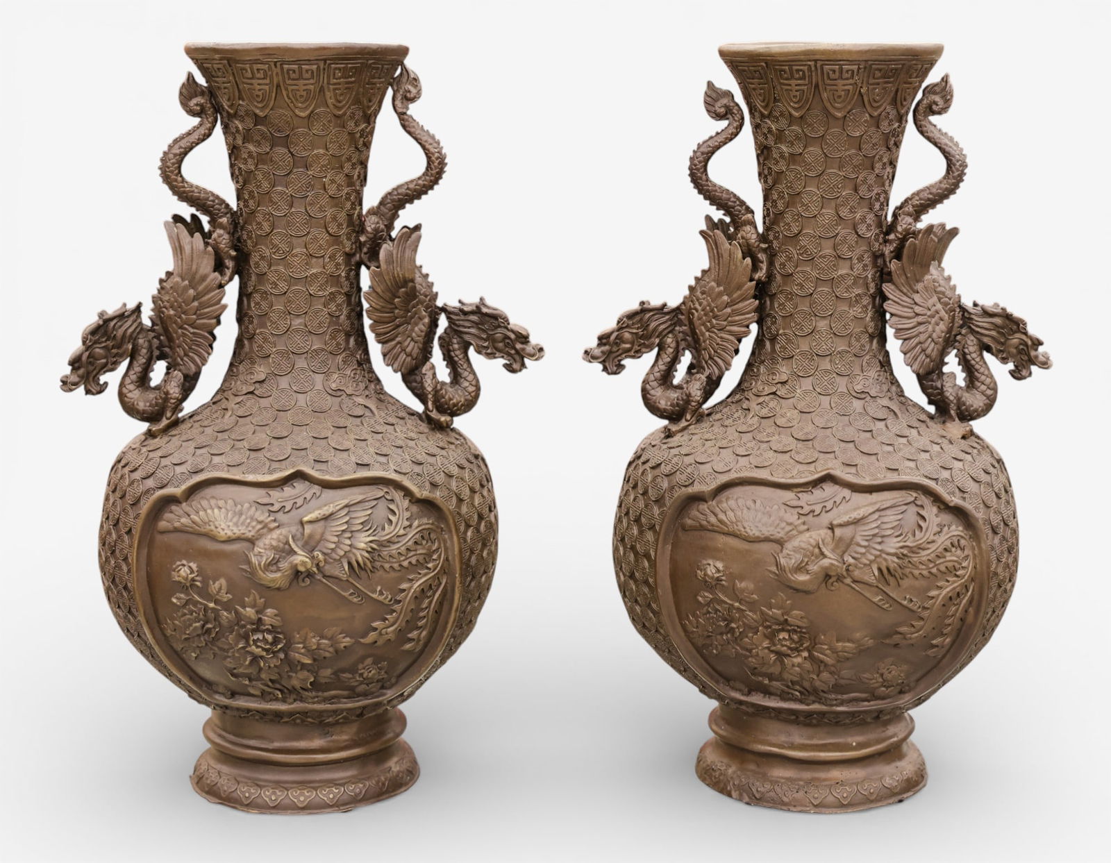 Pair Modern Japanese Bronze Dragon Handle Vases on Stands (1 of 2)