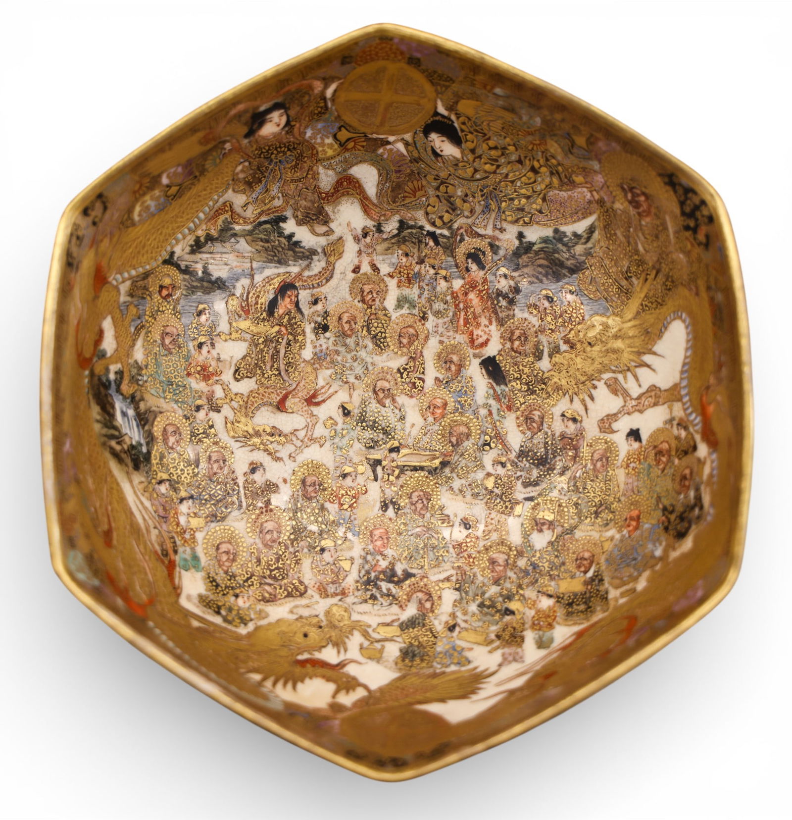 Fine Japanese Satsuma Immortals and Dragon Bowl: Fine Japanese Satsuma Immortals and Dragon Bowl 2.5"x6". Intricately enameled with lavish decoration on interior and exterior. Signed Shogetsu on bottom cartouche. Excellent condition. 19th century, M