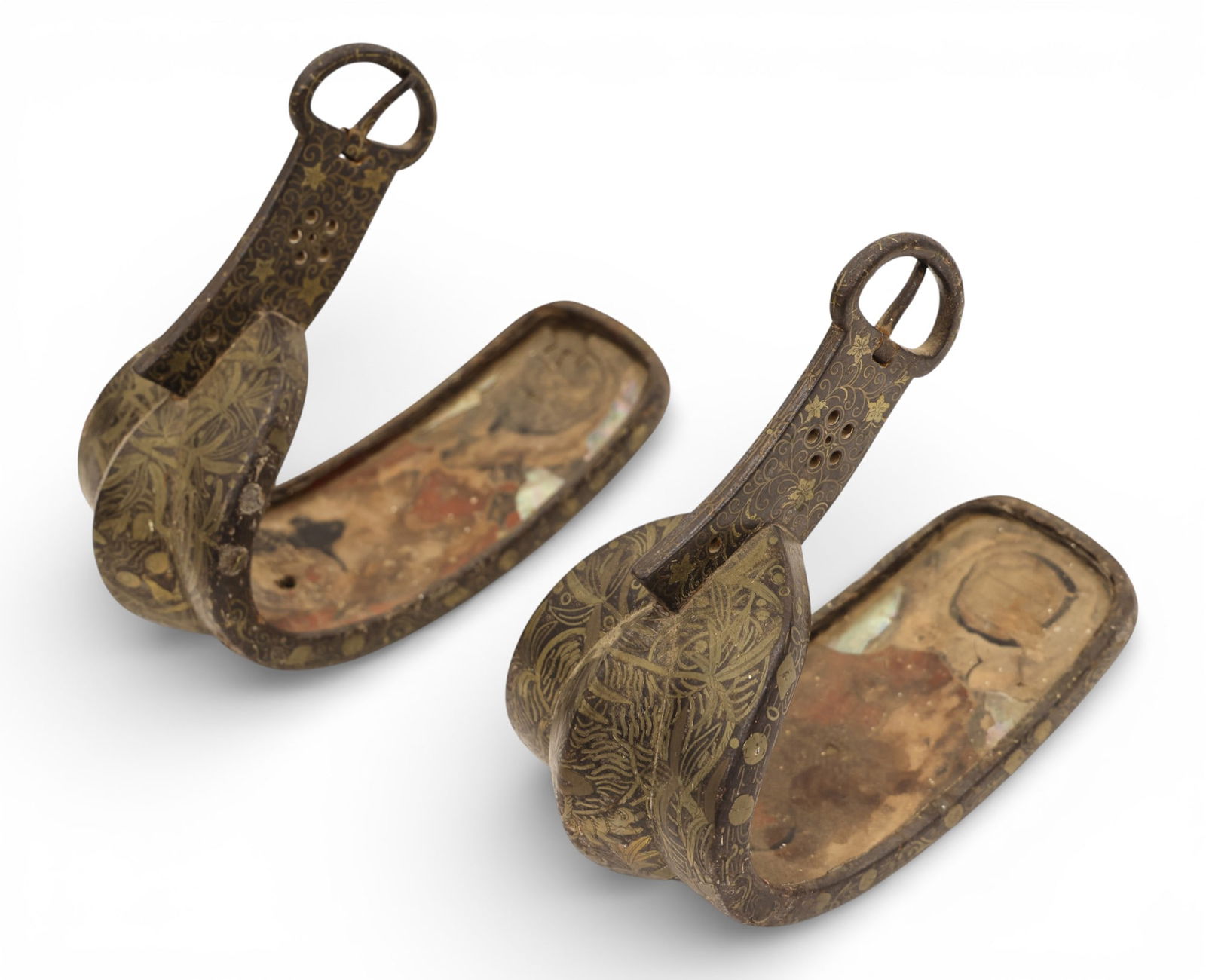Pair Japanese Edo Period Abumi Samurai Stirrups: Pair Japanese Edo Period Abumi Samurai Stirrups 10"x11". Lacquered iron with blossoming tree motifs. Heavy wear to interior from use. Early 19th century, Edo period.