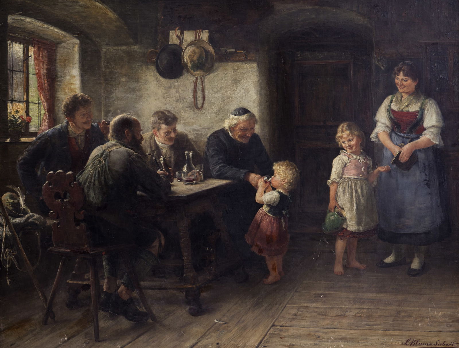 Ludwig Blume "Just a Taste" (Interior Scene) Large Oil on Canvas: Ludwig Blume Siebert (1853-1929 German) "Just a Taste" (Interior Genre Scene) Oil on Canvas Affixed to Board 33"x42" Image. Signed l.r. Ornate period gilt framing 50"x59". Some scattered small areas o