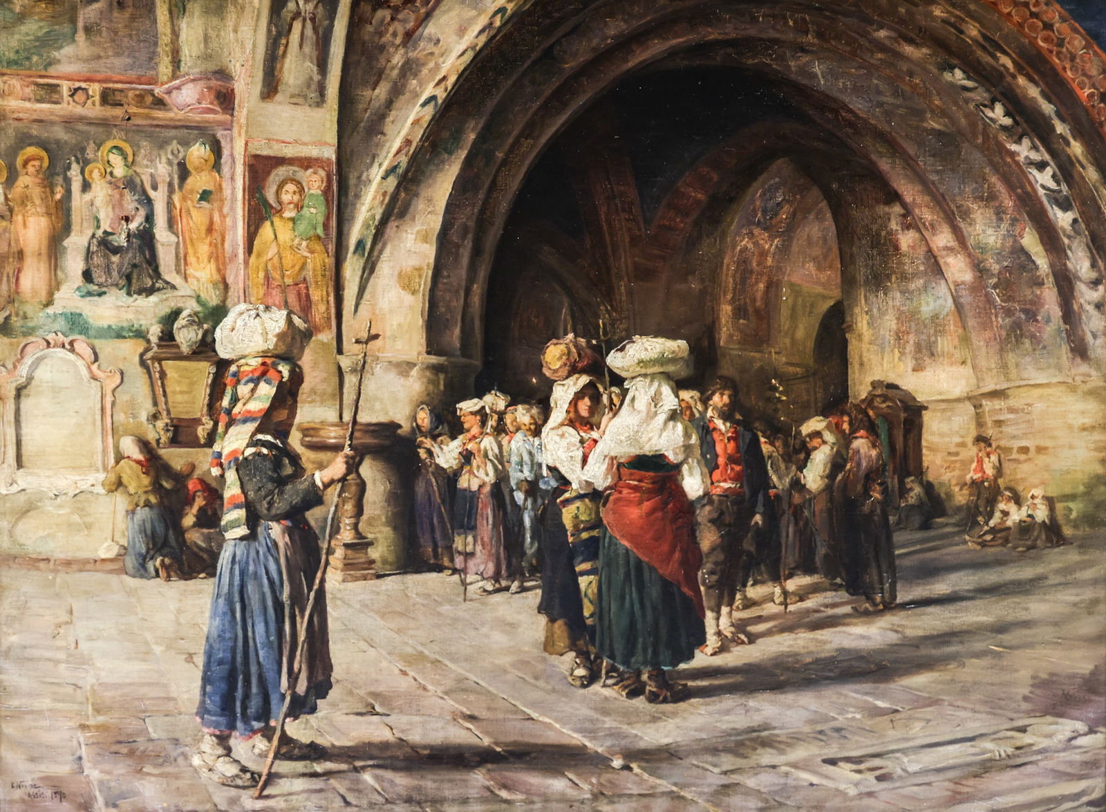 Elizabeth Nourse "St. Francis Church Interior, Assisi" 1890 Oil on Canvas: Elizabeth Nourse (1859-1938 American) "St. Francis Church Interior, Assisi" 1890 Oil on Canvas 30"x39.5" Image. Exceptional large interior scene of the basilica of Saint Francis of Assisi in Italy. Si