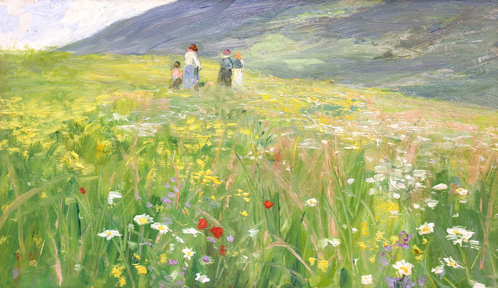 Hermine von Janda "Summer Meadow" Oil on Panel: Hermine von Janda (1854-1925 Austrian) "Summer Meadow" (Sommerwiese) Oil on Panel 7.75"x13" Image. Unsigned with artist label on verso. Ornate gilt framing 13.5"x18.5". Professionaly cleaned. Excellen