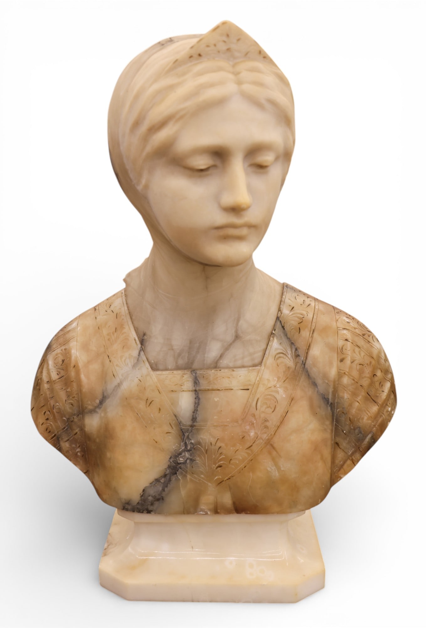 Guidi Italian "Beatrice" Marble and Alabaster Bust Sculpture: Guidi Italian "Beatrice" Marble and Alabaster Bust Sculpture 22"x16". Two-part carved sculpture on pedestal. Signed "Guidi" on verso. Some minor edge chipping. Overall excellent condition. 19th or ear