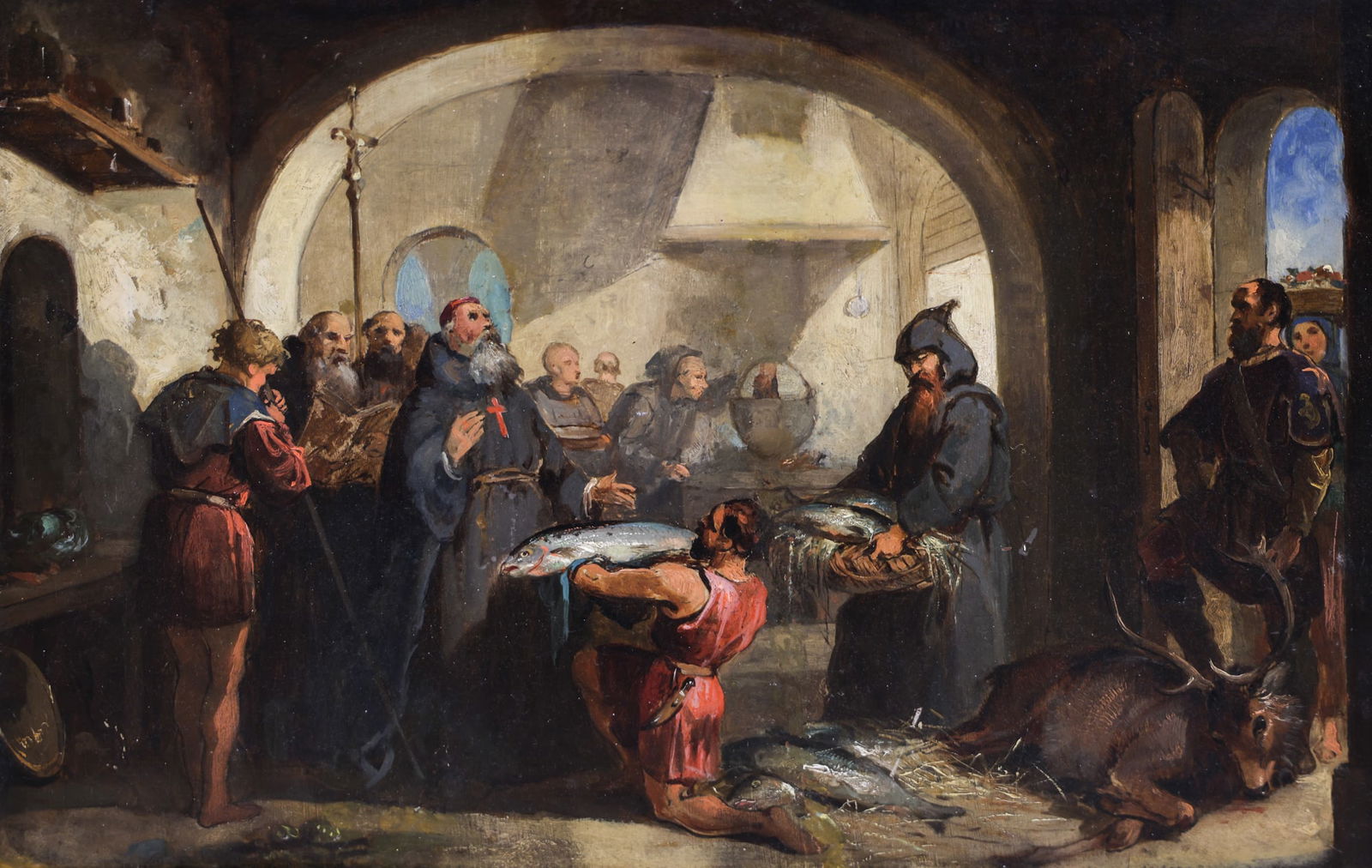 Sir John Tenniel "The Offering" Oil on Board: Sir John Tenniel (1820-1914 British) "The Offering" Oil on Board 12"x18.5" Image. Unsigned with label identifying artist on verso. Modern framing 14"x20". Professionally cleaned and restored with vert