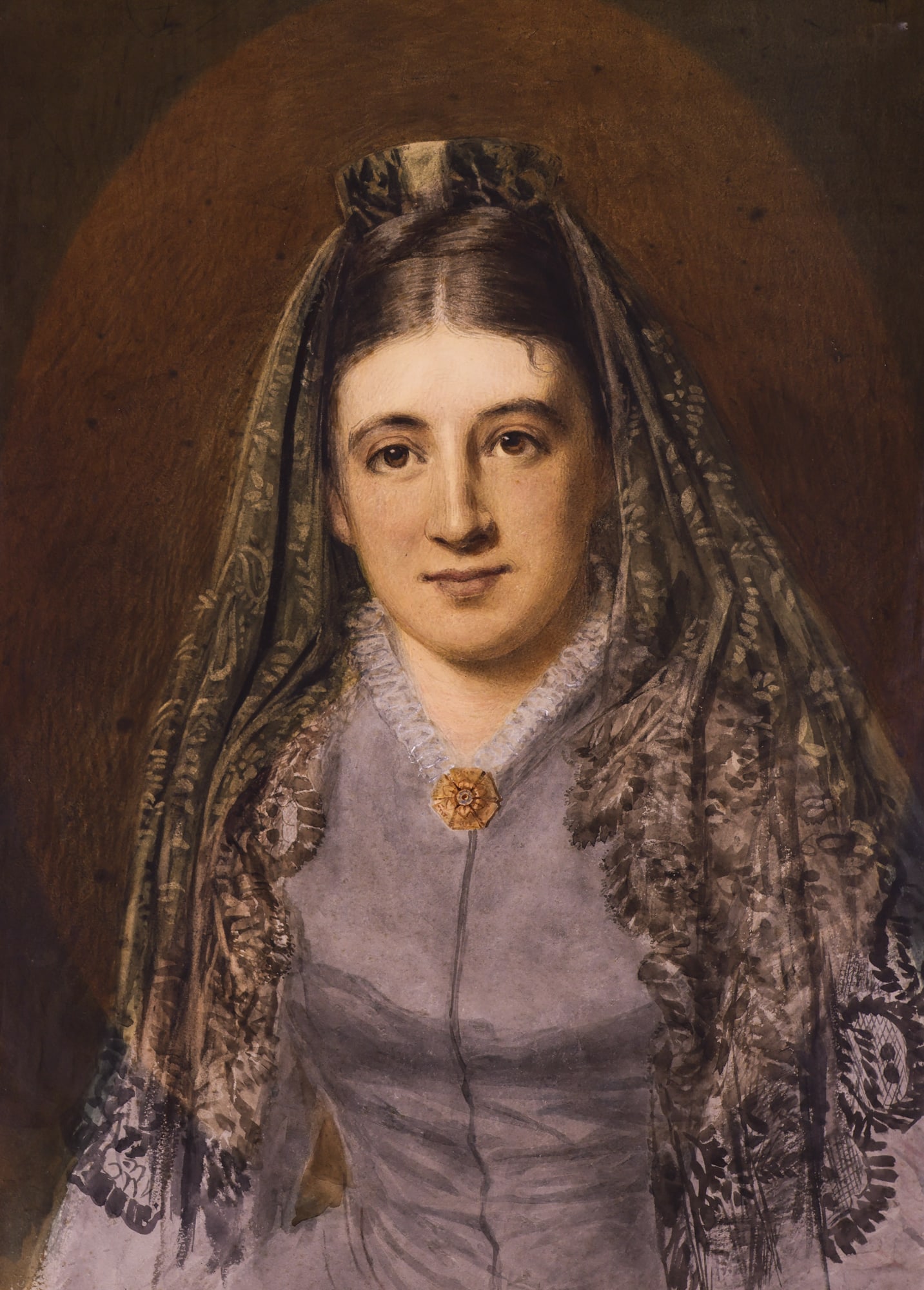 Albert William Alying "Lady with Golden Brooch" Watercolor on Paper: Albert William Alying (1829-1905 British) "Lady with Golden Brooch" Watercolor on Paper 23.75"x18" Image. Unsigned, from the estate of the artist. Savageau Galleries label on verso. Period gilt framin