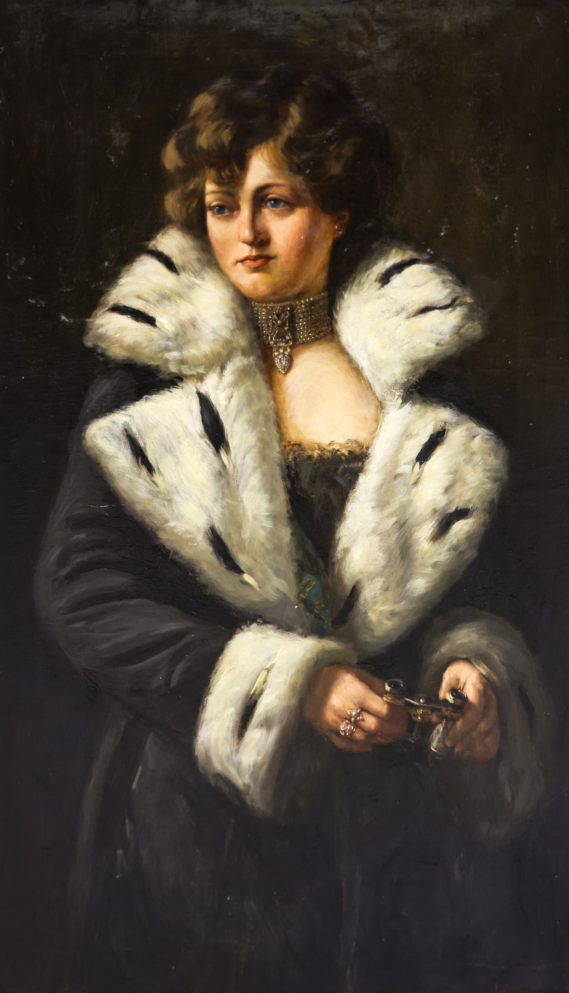 Antique Scottish "Woman with Opera Glasses" Oil on Canvas: Antique Scottish "Woman with Opera Glasses" Oil on Canvas 30"x18" Image. Initialed W.G.S. possibly for William Grant Stevenson (1849-1919) with RSA (Royal Scottish Academy) designation l.r. Original g