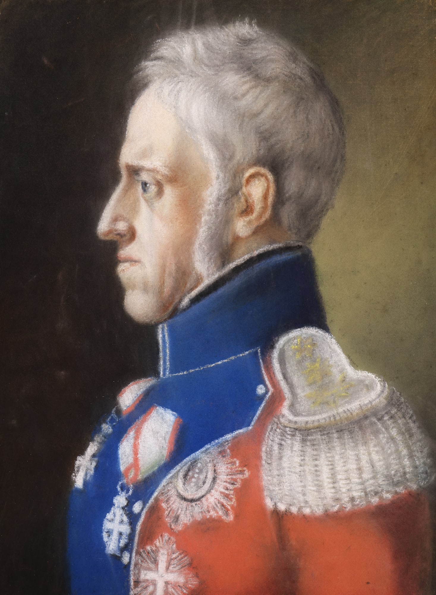 Antique King Frederik VI of Denmark Portrait Pastel: Antique King Frederik VI of Denmark Portrait Pastel on Canvas 12.5"x9.5" Image. Unsigned. Ornate gilt framing 18"x15". Overall excellent condition. 19th century, Danish school.