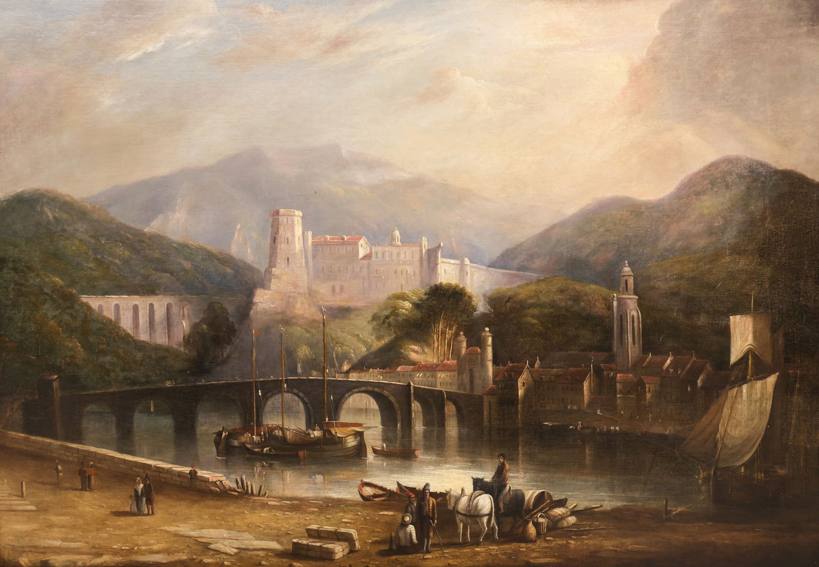 British School 19th Cent. View of Heidelberg Large Oil: British School 19th Cent. View of Heidelberg Oil on Canvas 34.5"x48" Image. Depicts the castle with bridge and figures on the Rhine, Germany. Unsigned, with Dolman & Son English framer's label on vers