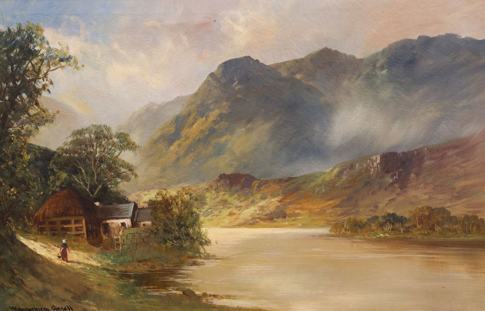 Montgomery Ansell "Scottish Highland Landscape" Oil on Canvas: Montgomery Ansell aka Francis E. Jamieson (1895-1950 Scottish) "Scottish Highland Landscape" Oil on Canvas 20"x30" Image. Signed lower left. Original gilt framing 27"x36". Old professional cleaning wi
