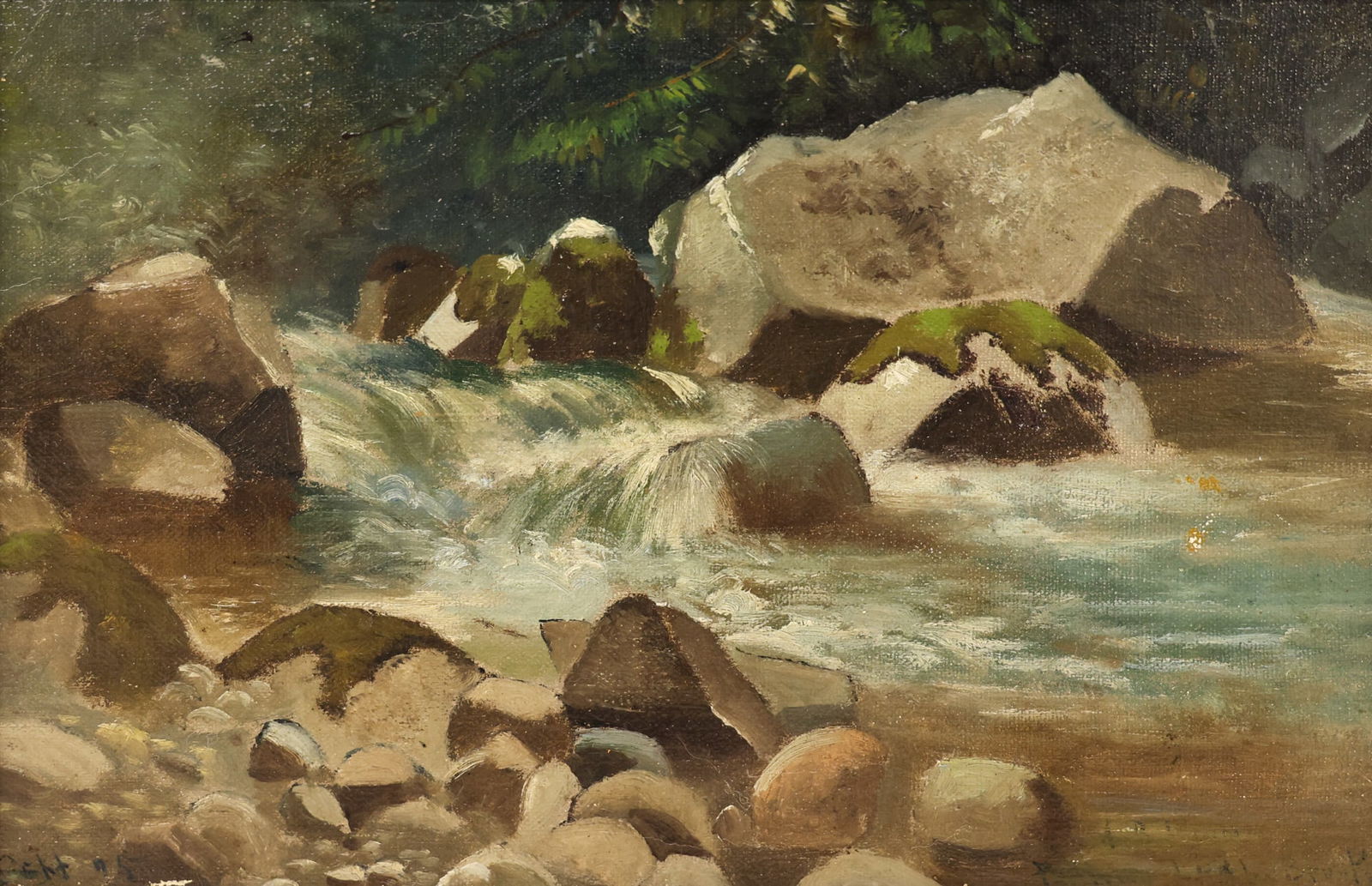 Edwin Deakin "Fallen Leaf Brook Study" 1895 Oil on Canvasboard: Edwin Deakin (1838-1923 American) "Fallen Leaf Brook Study" (Taylor Creek, Near Lake Tahoe) 1895 Oil on Canvasboard 7.75"x11.75" Image. Faintly signed l.r. and signed/titled on verso. Gilt framing 12"