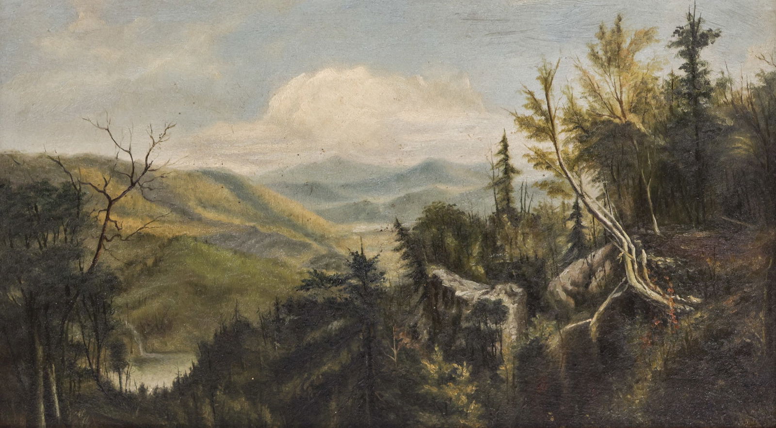 Thomas Hill "Morning in the Alleghenies" 1891 Oil on Panel: Thomas Hill (1829-1908 American) "Morning in the Alleghenies" 1891 Oil on Panel 9.25"x16" Image. Signed and dated l.r. Gallery framed 12.5"x19". Professionally cleaned. Overall excellent condition.