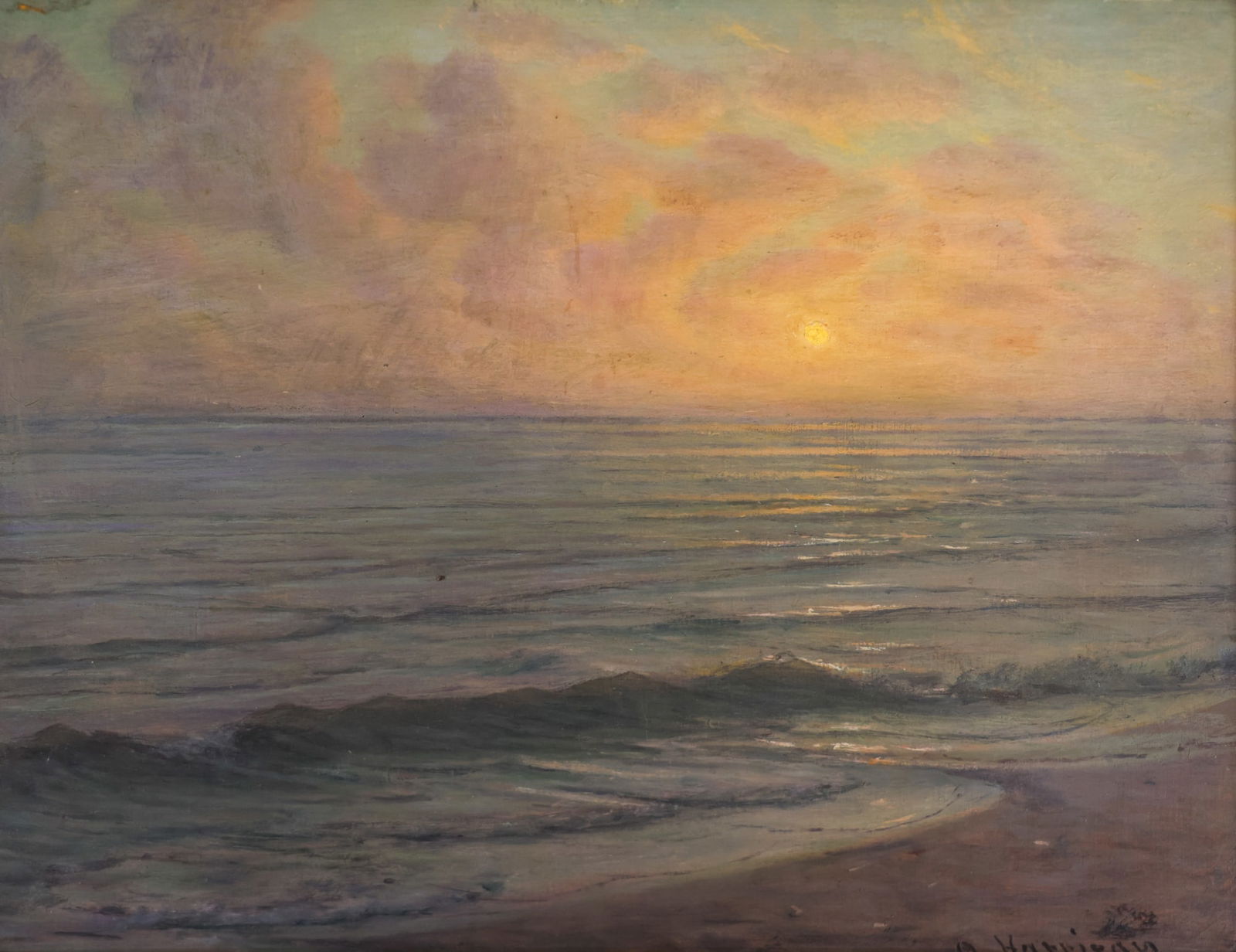 Thomas Alexander Harrison "Hawaiian Sunset, Honolulu" Oil on Panel: Thomas Alexander Harrison (1853-1930 American) "Hawaiian Sunset, Honolulu" Oil on Panel 13"x16" Image. Signed l.r. with title written on verso. Original period gilt carved Newcomb Macklin style