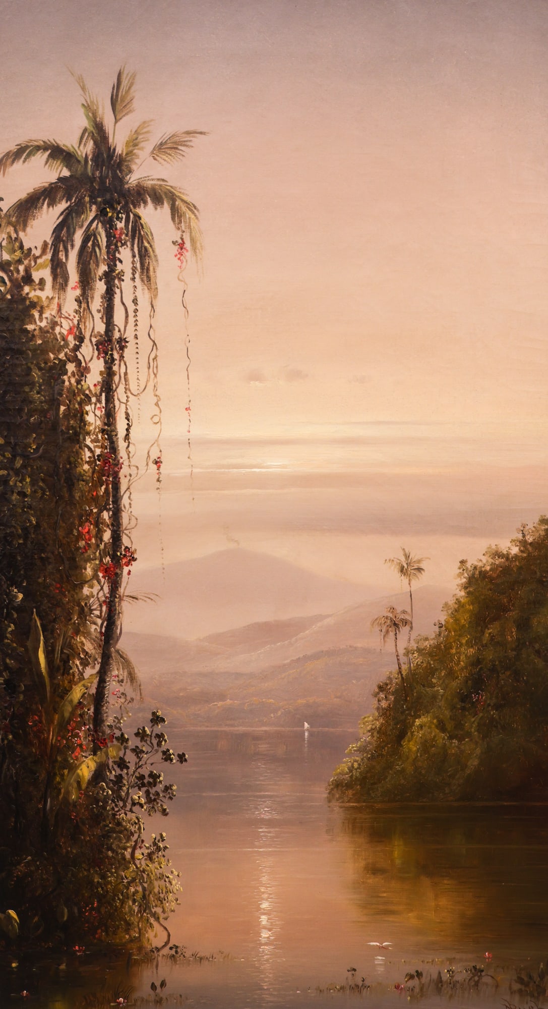 Norton Bush ''Tropical Lake with Volcano in Distance'' Oil on Canvas: Norton Bush (1834-1894 American) ''Tropical Lake with Volcano in Distance'' Oil on Canvas 36''x20'' Image. Composition of far reaching landscape with palm trees. Signed l.r. with Montgomery Gallery,