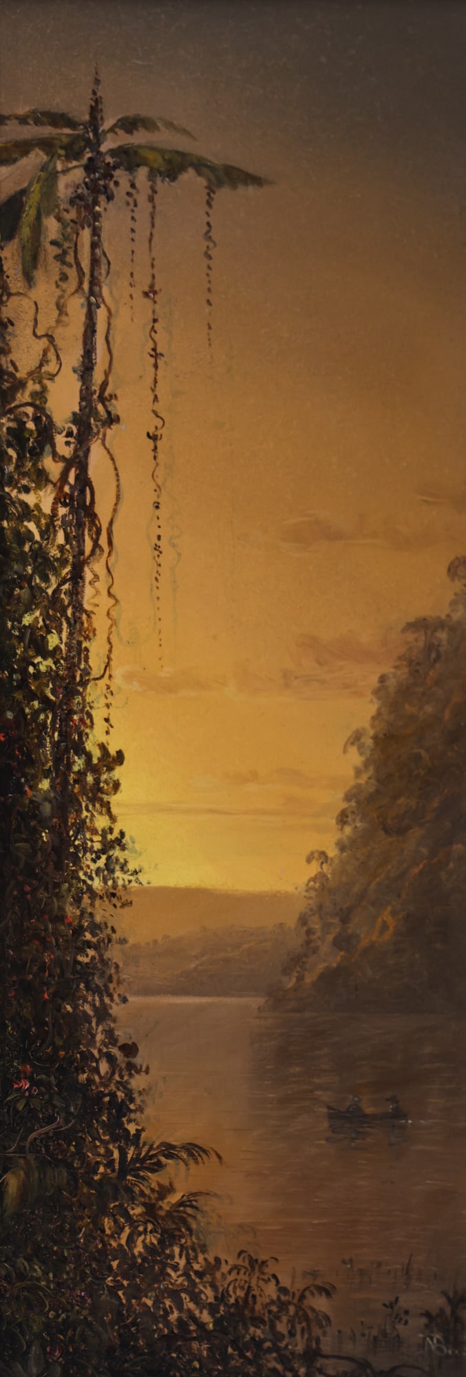 Norton Bush ''Rio Laplata'' (Sunset Landscape) Oil on Board: Norton Bush (1834-1894 American) ''Rio Laplata'' (Sunset Landscape) Oil on Board 24.5''x9.25'' Image. Tropical sunset composition with palm trees. Signed l.r. with title written in graphite on verso.