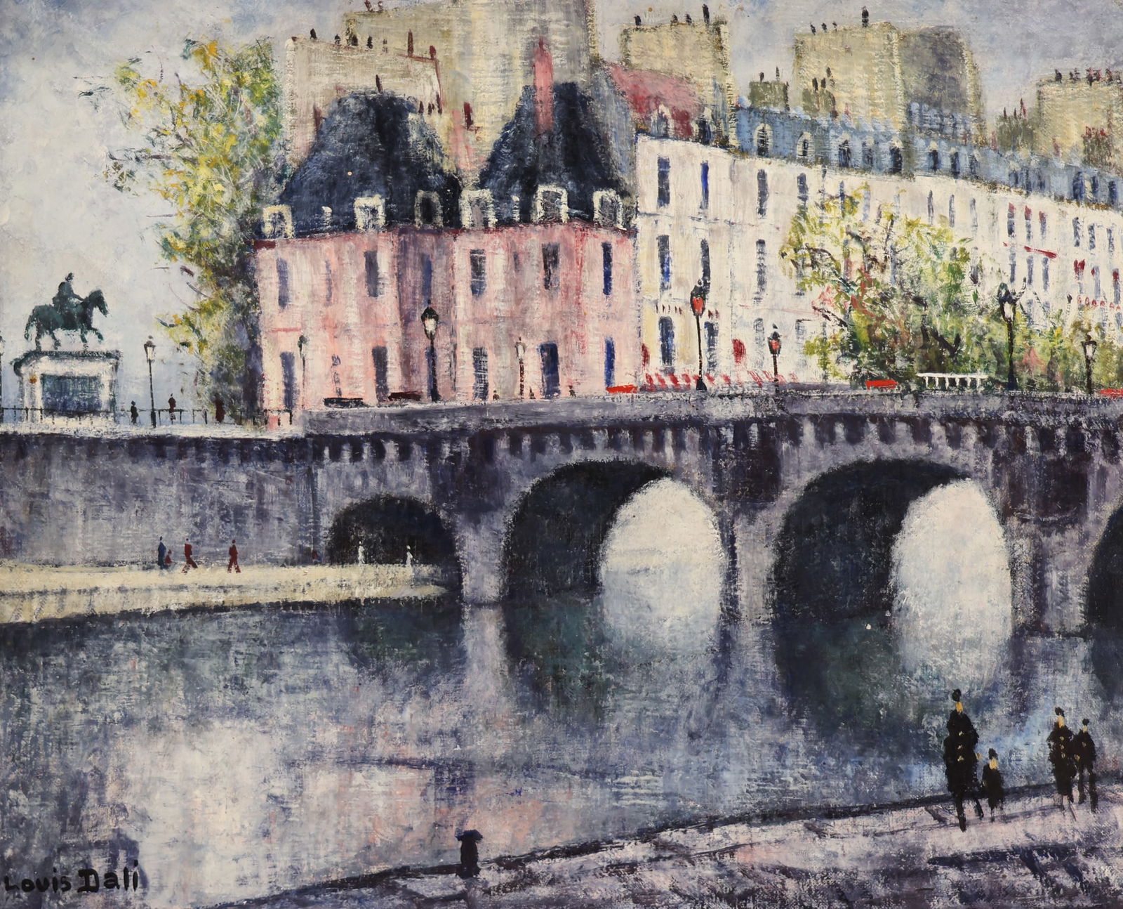 Louis Dali "Pont Neuf, Paris" Oil on Canvas: Louis Dali (1905-2001 French) "Pont Neuf, Paris" Oil on Canvas 15"x18" Image. Signed lower left. Original carved gilt framing 21.5"x24.5". Overall excellent, original condition.