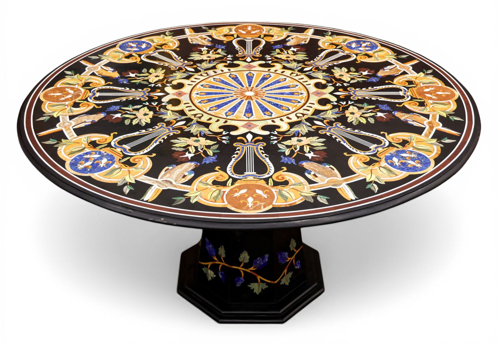 Fransesco Ligozzi Italian Pietra Dura Round Dining Table: Fransesco Ligozzi Italian Pietra Dura Round Dining Table 30"x59". Exceptional inlaid stone classical motif table with bird and harp motifs. Signed on base. Overall excellent condition. It comes in