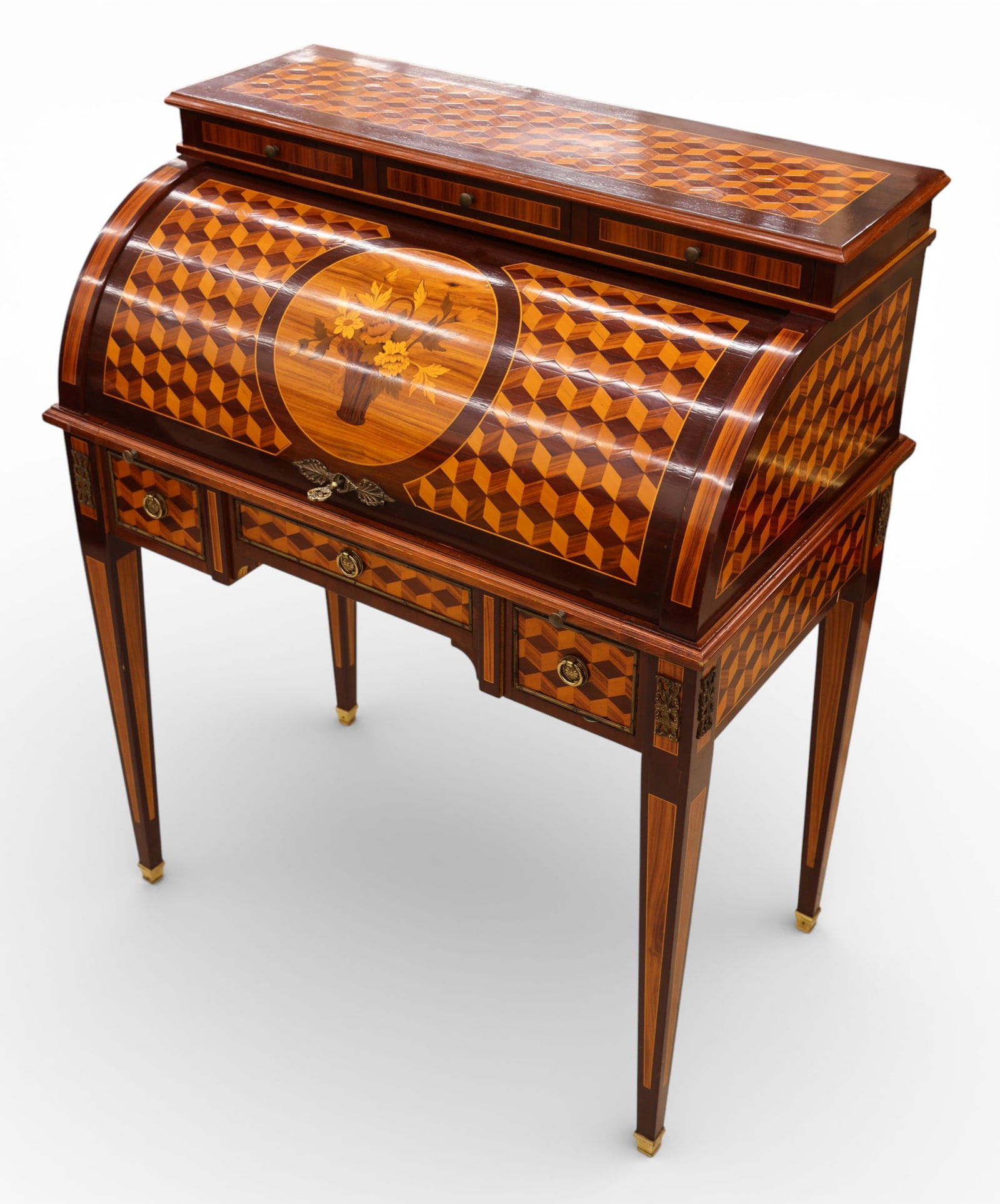 French Louis XVI Style Parquetry Inlaid Cylinder Desk: French Louis XVI Style Parquetry Inlaid Cylinder Desk 39"x32"x19.5". Brass mounted with marquetry floral medallion in center. Overall excellent condition. 20th century.