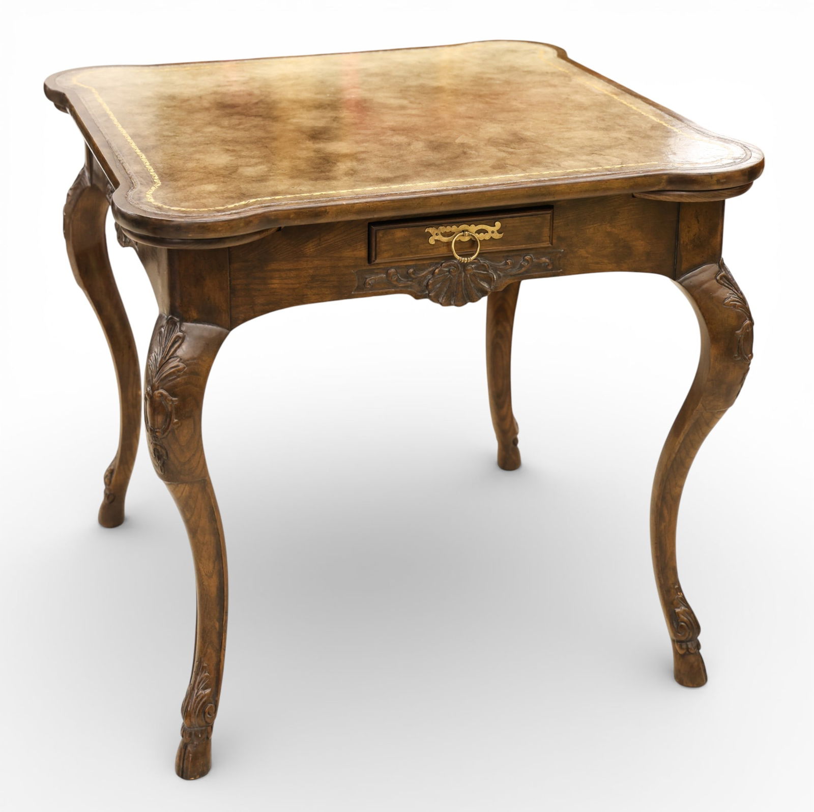 Baker French Provincial Style Leather Top Oak Game Table: Baker French Provincial Style Leather Top Oak Game Table 29"x32"x32". One drawer with slide out corner gaming trays. Metal tagged on interior. Some minor surface wear from use. Overall excellent