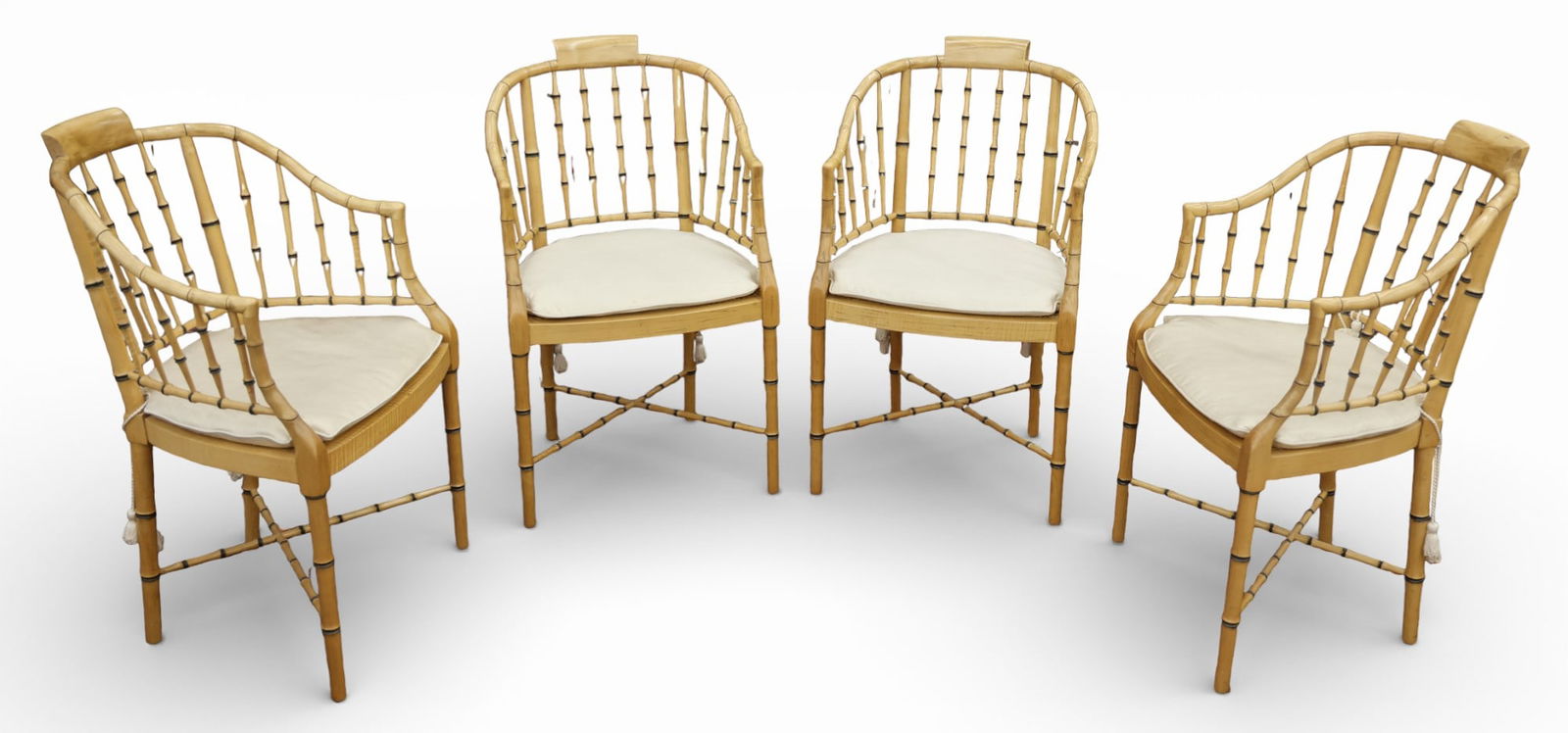 Set 4 Baker Faux Bamboo Cane Seat Tub Armchairs: Set 4 Baker Faux Bamboo Cane Seat Tub Armchairs 35.5"x21"x21". Form 3931 chairs with white silk fitted cushions. Metal tagged on bottoms. Some wear to the caning. Overall excellent condition.