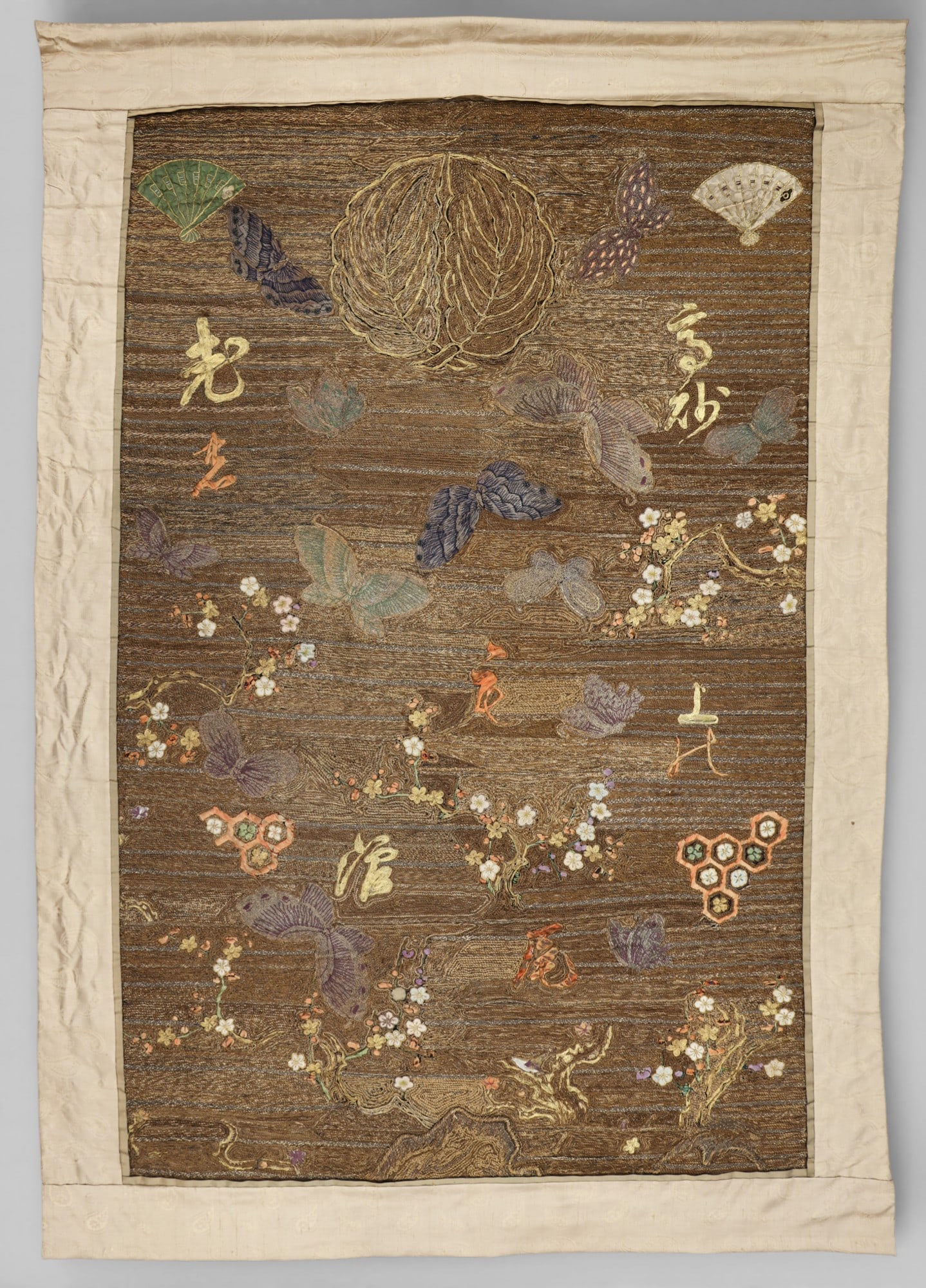 Antqiue Japanese Silk Hanging Embroidery with Butterflies: Antqiue Japanese Silk Hanging Embroidery with Butterflies 61"x43". Some gold thread inclusions. Overall excellent condition for its age. 19th century, Meiji era.