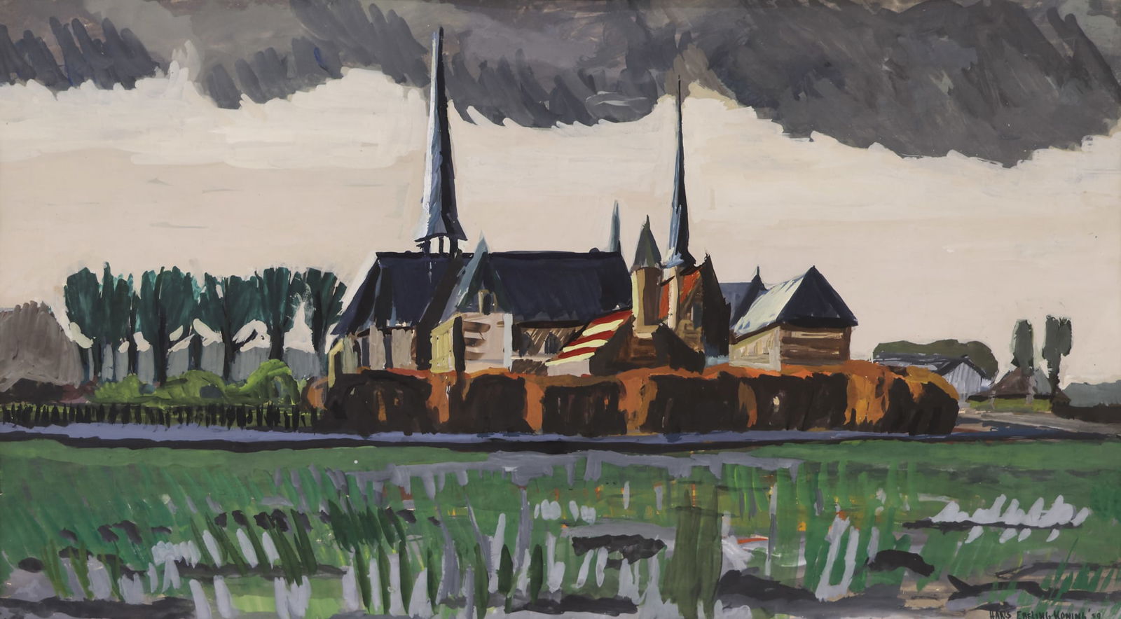 Hans Ebeling Koning "Landscape with Cathedral" 1959 Gouache: Hans Ebeling Koning (b.1931 Dutch) "Landscape with Cathedral" 1959 Gouache on Paper 23"x38" Image. Signed and dated l.r. Original period framing 33"x48". Overall excellent condition.