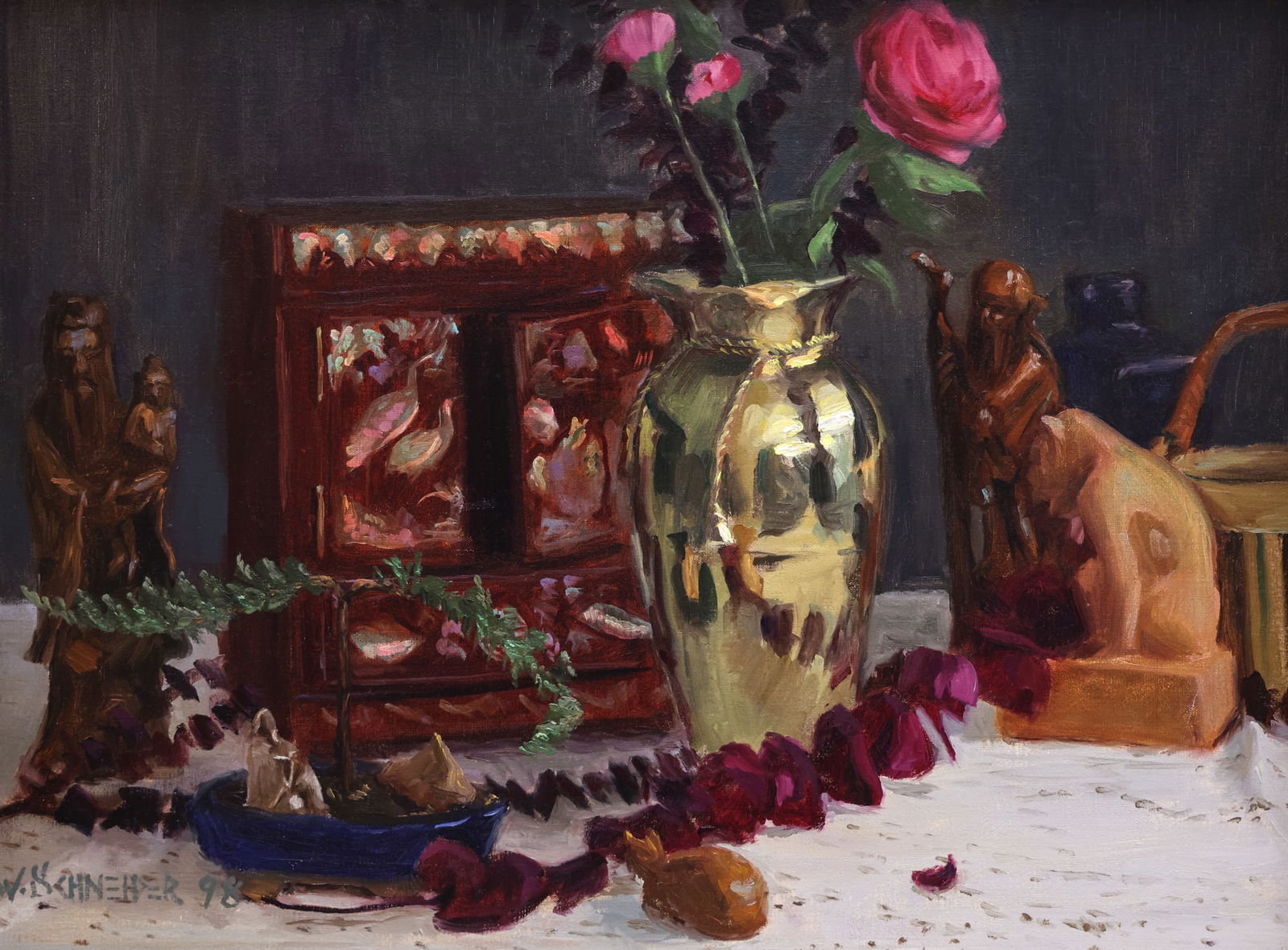 William Schneider "From the Orient" (Still Life) 1998 Oil on Canvas: William Schneider (b.1945 American) "From the Orient" (Still Life) 1998 Oil on Canvas 18"x24" Image. Signed and dated lower left. Gilt gallery framing 25"x31". Excellent condition.