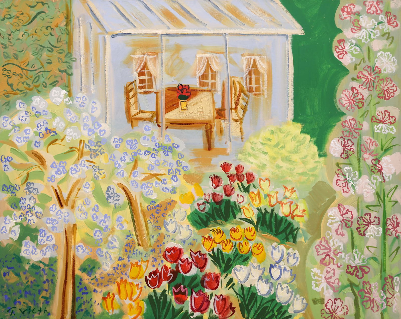 Thomas Vieth "A Garden View" Oil on Canvas: Thomas Vieth (b.1957 American) "A Garden View" Oil on Canvas 24"x30" Image. Signed lower left. Gilt gallery framing 29.5"x35.5". Excellent condition.