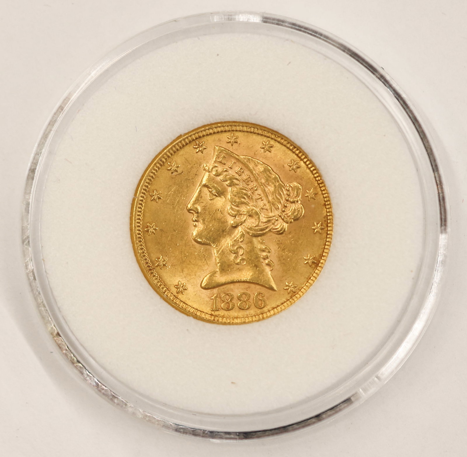 1886-S US $5 Liberty Head Half Eagle Gold Coin: 1886-S US $5 Liberty Head Half Eagle Gold Coin. MS-63 condition per consignor notes.