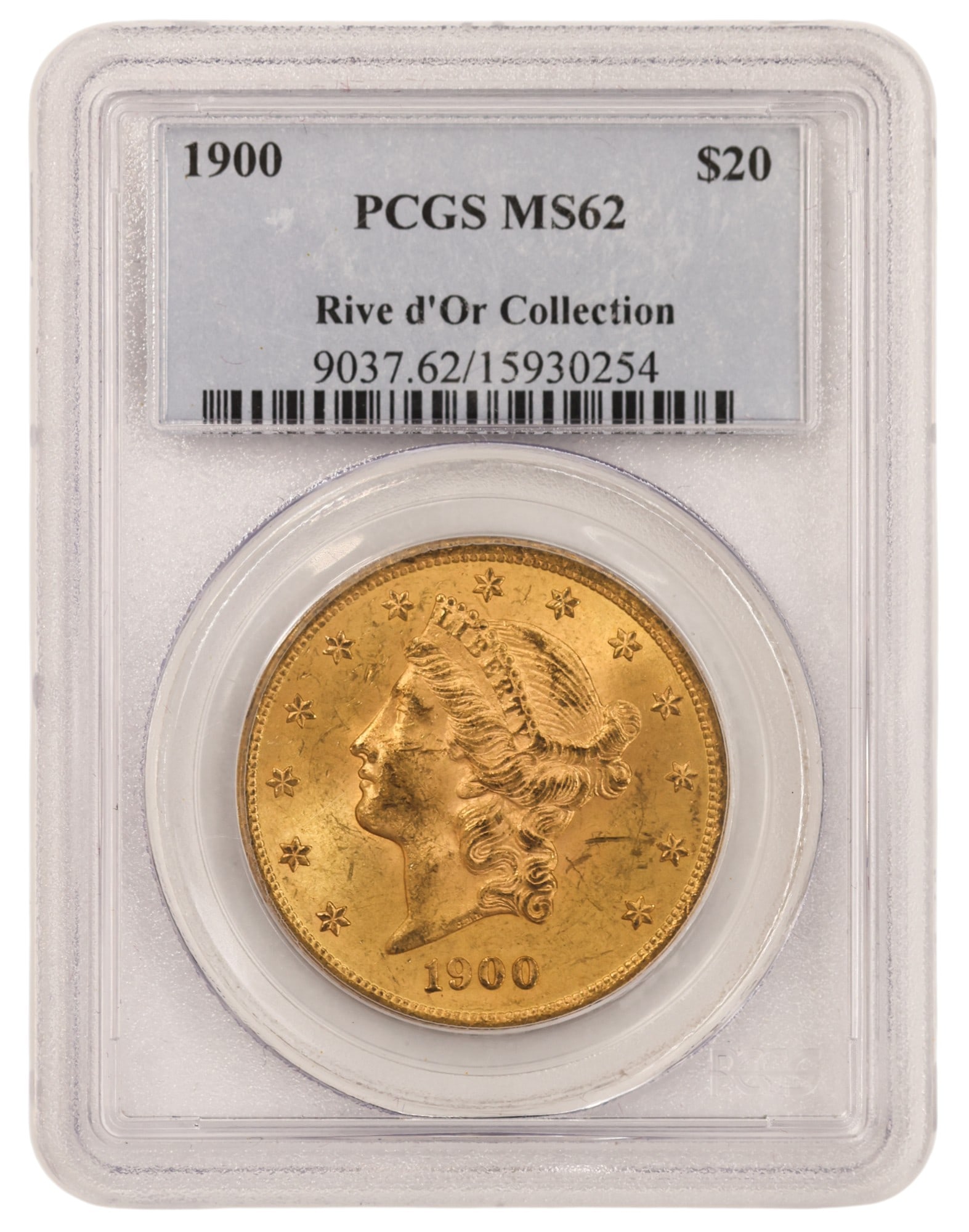 1900 US $20 Liberty Head Double Eagle Gold Coin PCGS MS62: 1900 US $20 Liberty Head Double Eagle Gold Coin PCGS MS62. Rive d'Or Collection slab.