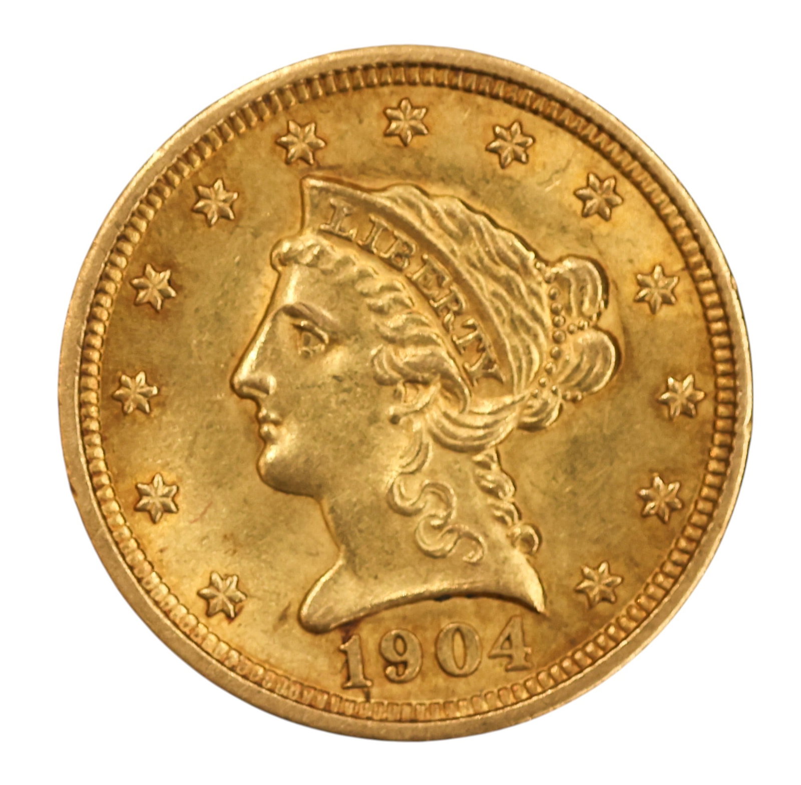 1904 US $2 1/2 Liberty Head Quarter Eagle Gold Coin: 1904 US $2 1/2 Liberty Head Quarter Eagle Gold Coin. MS-63 condition per consignor notes.