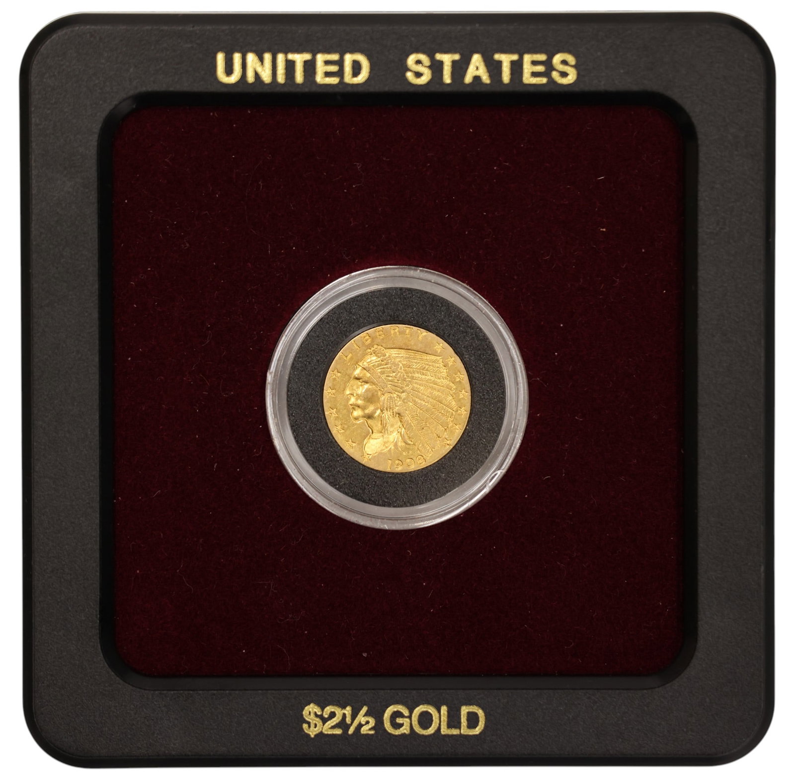 1908 US $2 1/2 Indian Head Quarter Eagle Gold Coin: 1908 US $2 1/2 Indian Head Quarter Eagle Gold Coin. MS-63 condition per consignor notes. Comes in black plastic and velvet casing.