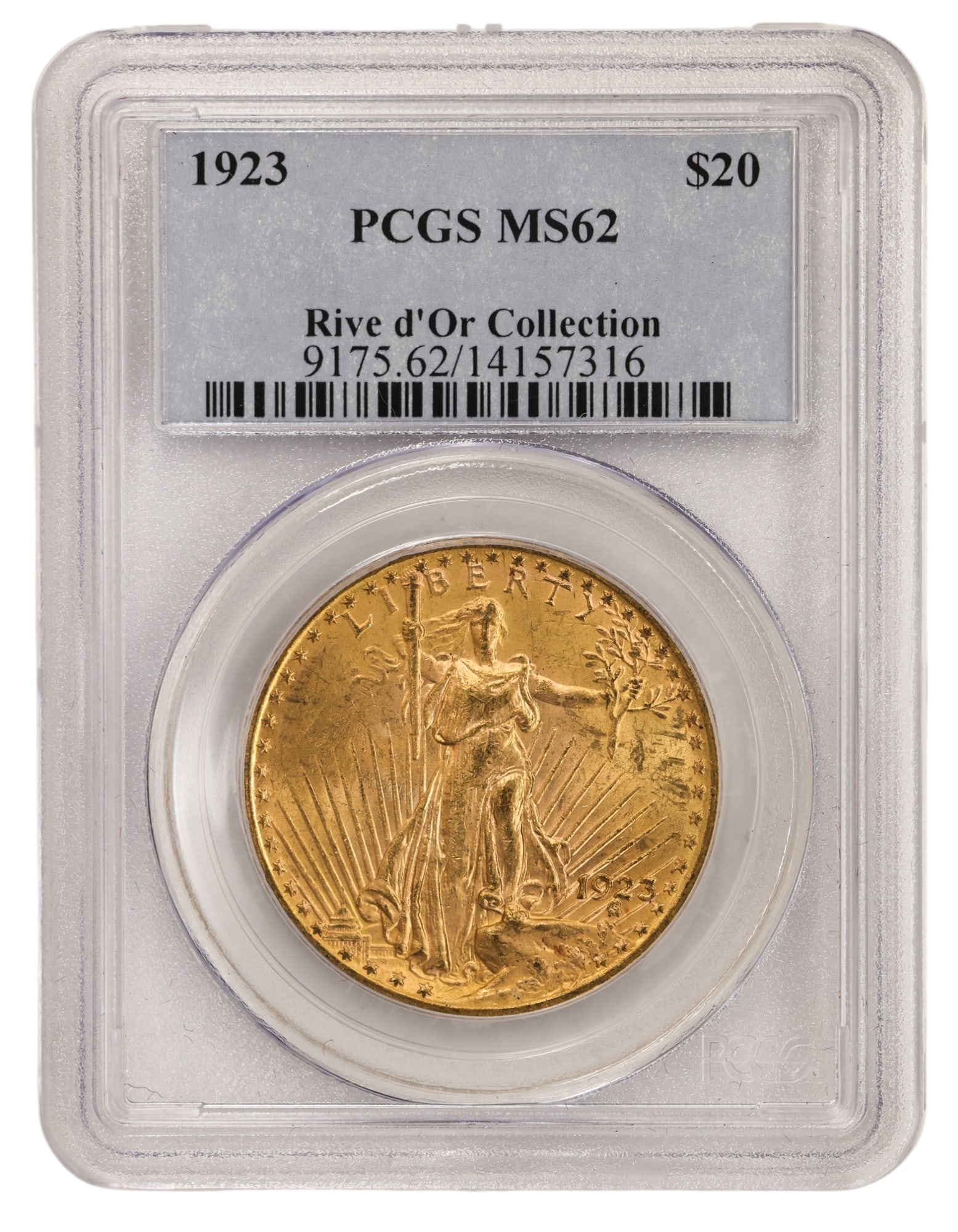 1923 US $20 Saint Gaudens Double Eagle Gold Coin PCGS MS62: 1923 US $20 Saint Gaudens Double Eagle Gold Coin PCGS MS62. Rive d'Or Collection slab.