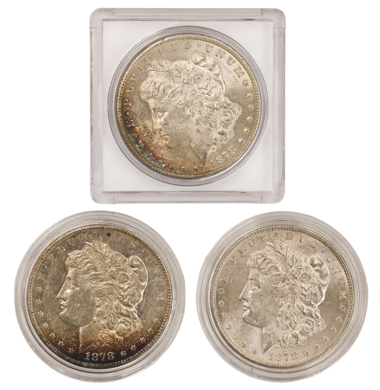 3pc 1878-S US Morgan Silver Dollars: 3pc 1878-S US Morgan Silver Dollars. MS-63 to MS-65 condition per consignor notes.