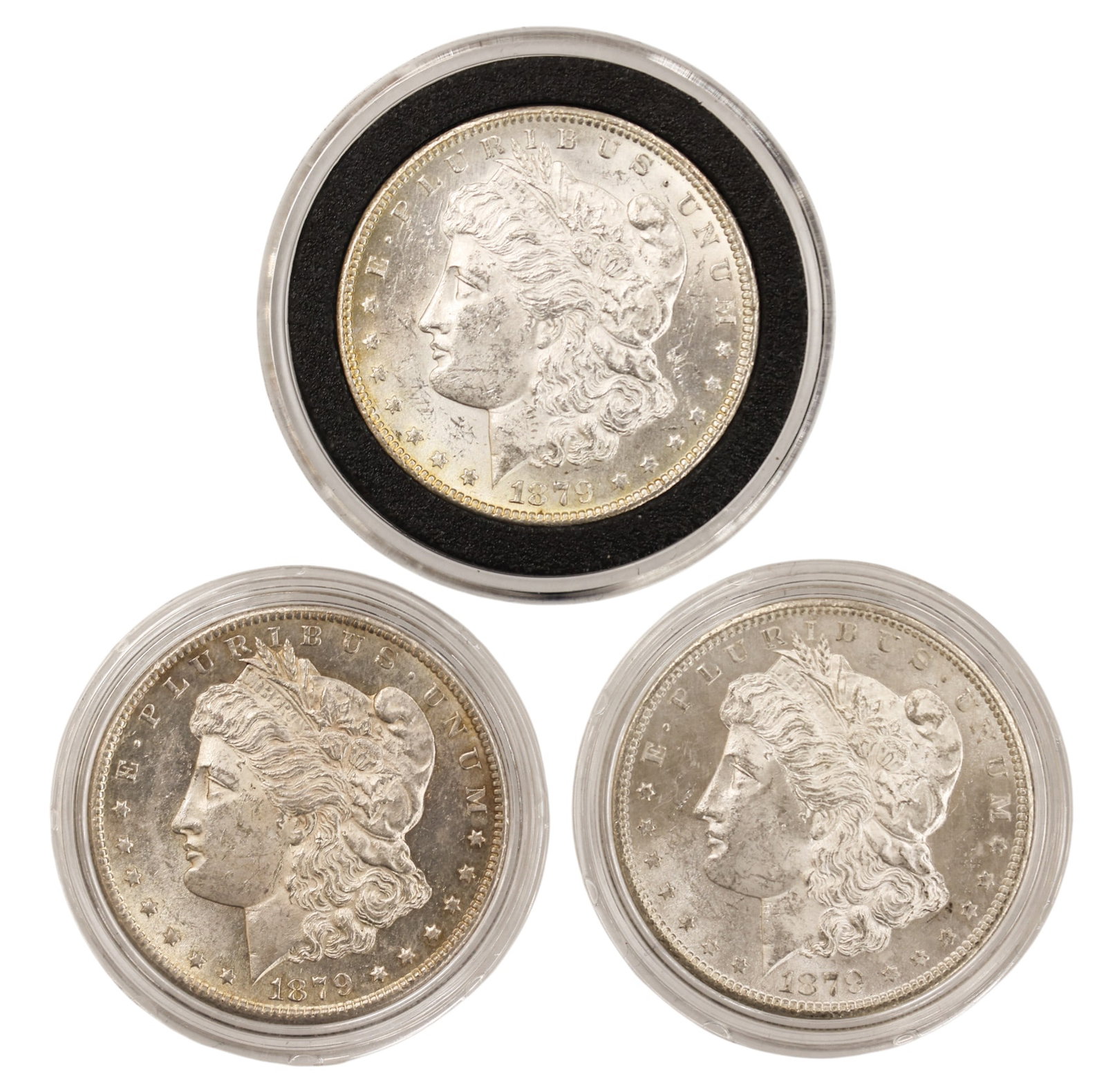 3pc 1879-S US Morgan Silver Dollars 3rd Reverse: 3pc 1879-S US Morgan Silver Dollars 3rd Reverse. MS-63 to MS-65 condition per consignor notes.
