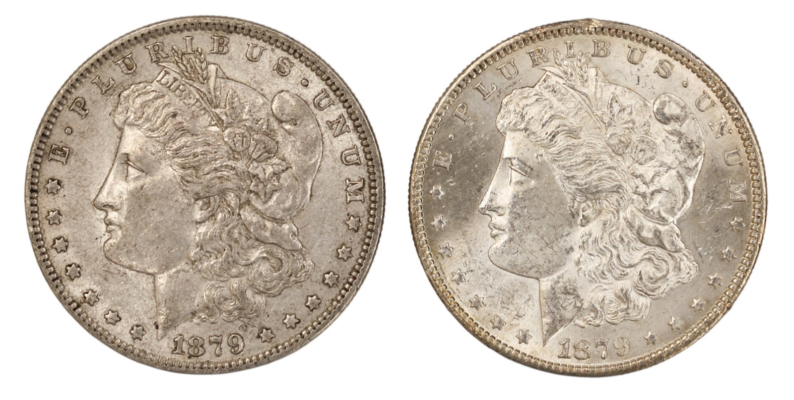 2pc 1879-S and 1879-O Morgan Silver Dollars: 2pc 1879-S 3rd Reverse and 1879-O Morgan Silver Dollars. MS-63 condition per consignor notes.