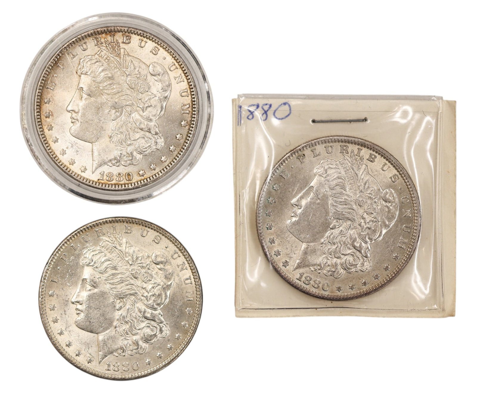3pc 1880 US Morgan Silver Dollars: 3pc 1880 US Morgan Silver Dollars. MS-63 to MS-64 condition per consignor notes.