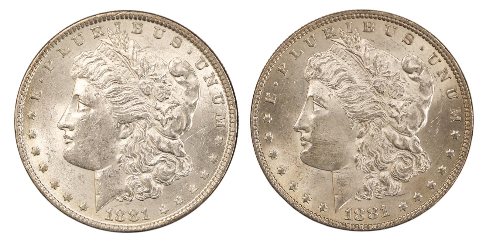 2pc 1881 US Morgan Silver Dollars: 2pc 1881 US Morgan Silver Dollars. MS-63 to MS-64 condition per consignor notes.