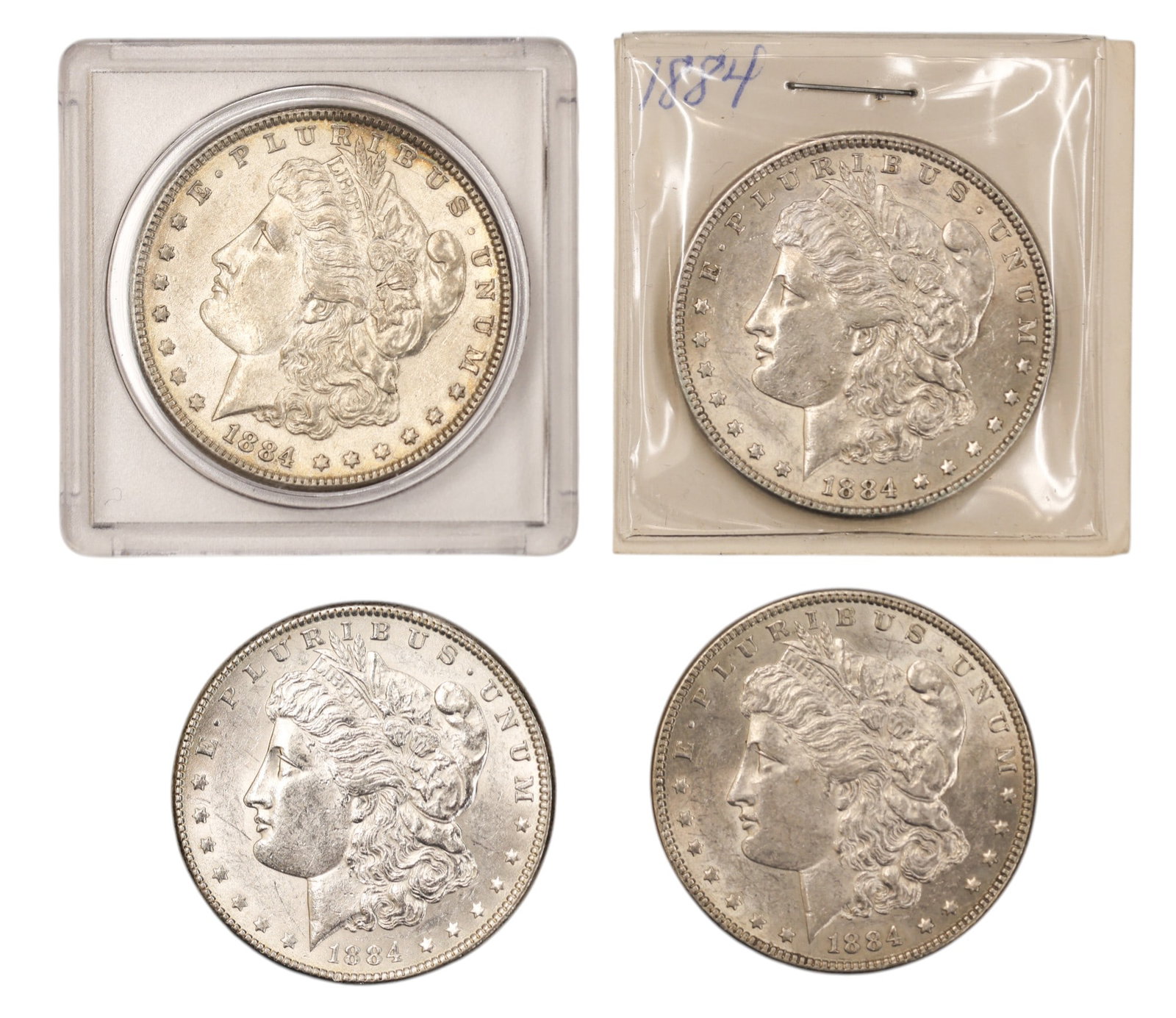 4pc 1884 US Morgan Silver Dollars: 4pc 1884 US Morgan Silver Dollars. MS-63 to MS-60 condition per consignor notes.