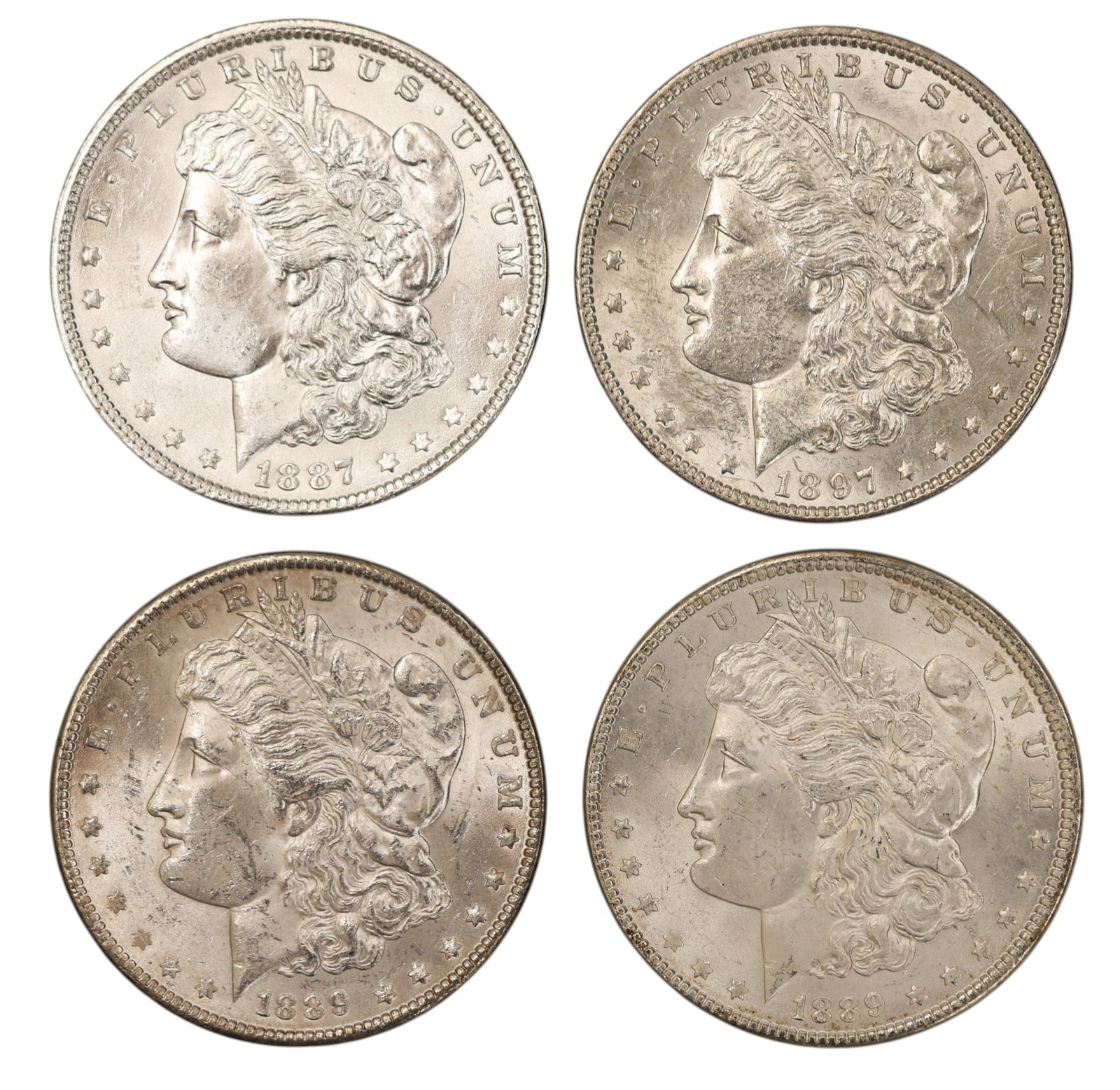 4pc 1887-1897 US Morgan Silver Dollars: 4pc 1887-1897 US Morgan Silver Dollars. MS-63 to MS-60 condition per consignor notes.