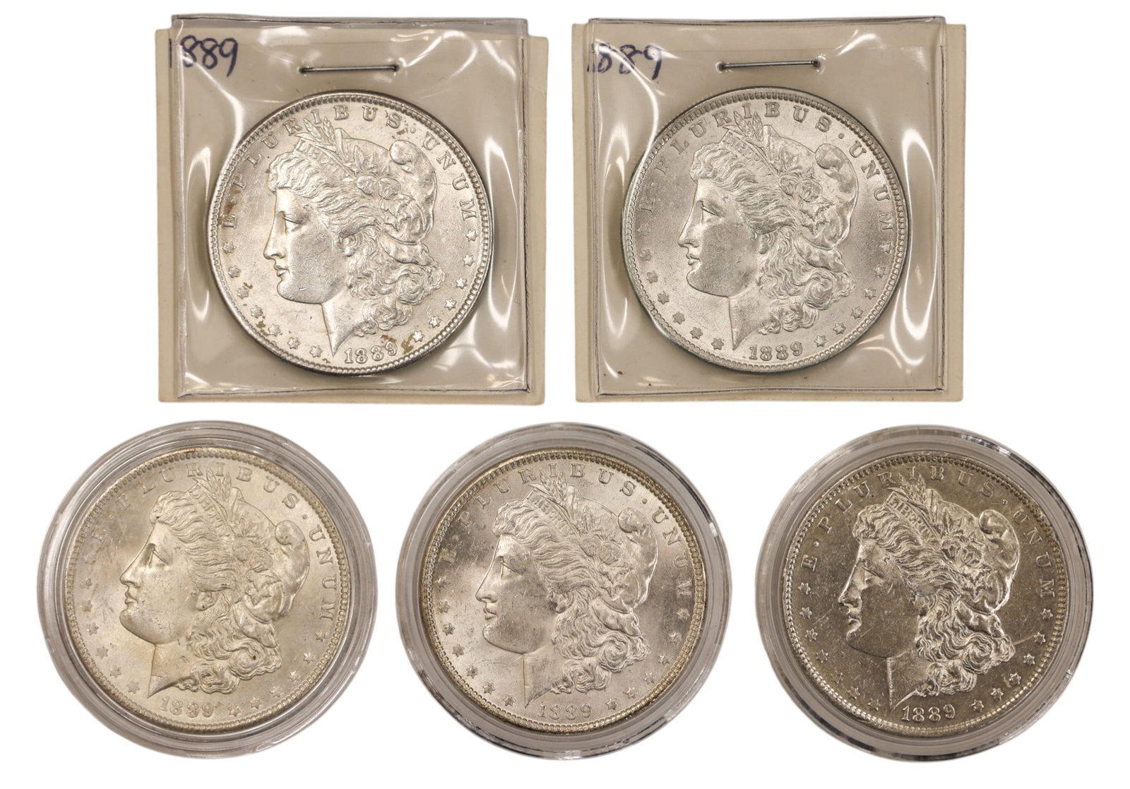 5pc 1889 US Morgan Silver Dollars: 5pc 1889 US Morgan Silver Dollars. MS-63 to MS-60 condition per consignor notes.