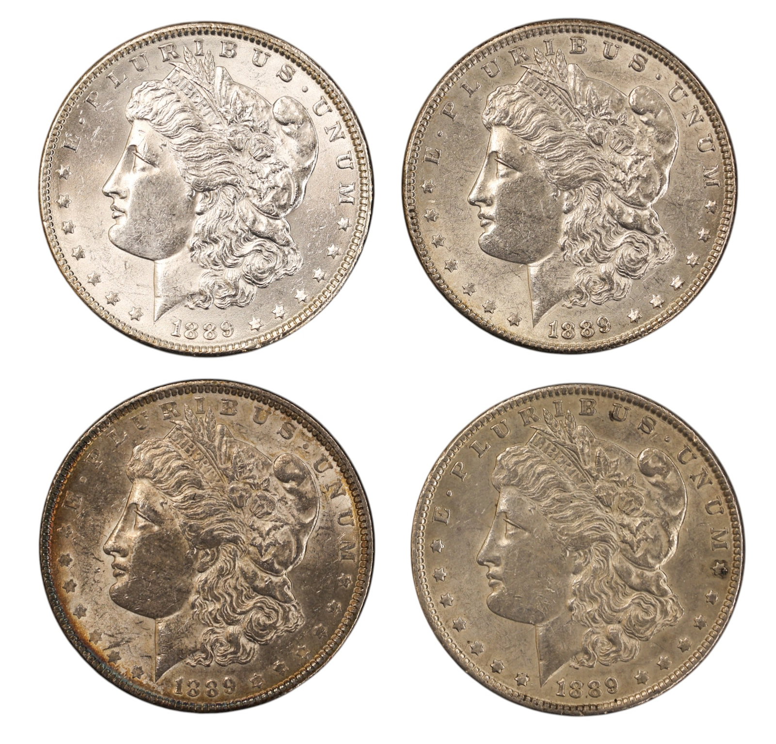 4pc 1889 US Morgan Silver Dollars: 4pc 1889 US Morgan Silver Dollars. MS-60 to AU-50 condition per consignor notes.