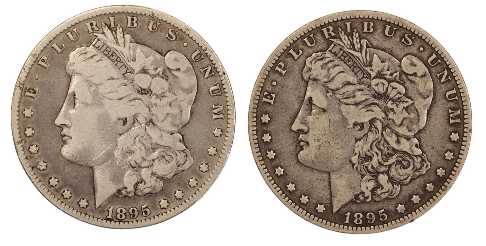 2pc 1895-O US Morgan Silver Dollars: 2pc 1895-O US Morgan Silver Dollars. EF-40 and Worn condition per consignor notes.